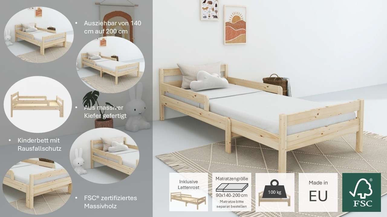 Home affaire Kinderbett »Wenke, Bett, Massivholzbett (90x200 cm)«, aus massiver Kiefer, inklusive Lattenrost, Liegefläche ausziehbar