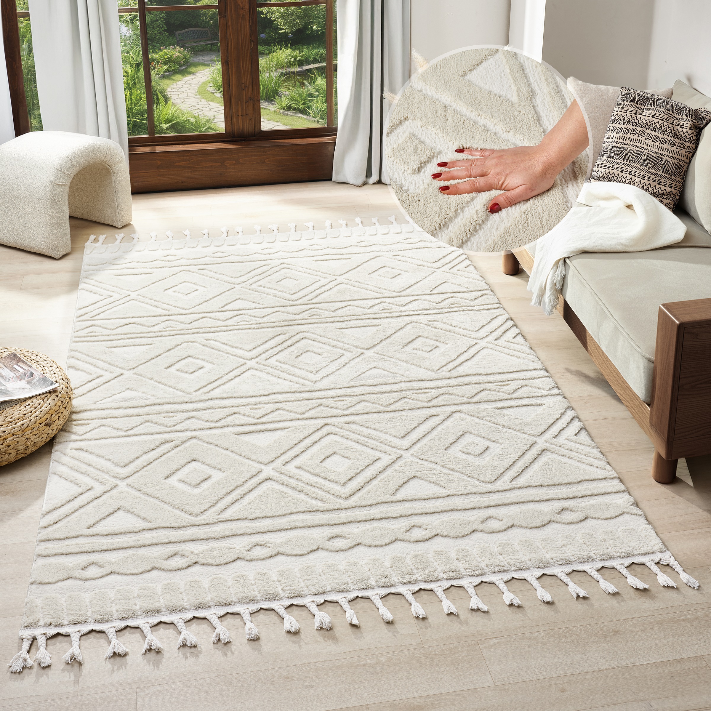 Image of GOODproduct Teppich "Bonvo" rechteckig 19 mm Höhe mit Fransen, Hoch-Tief-Struktur, Wohnzimmer, Schlafzimmer, Boho-Style