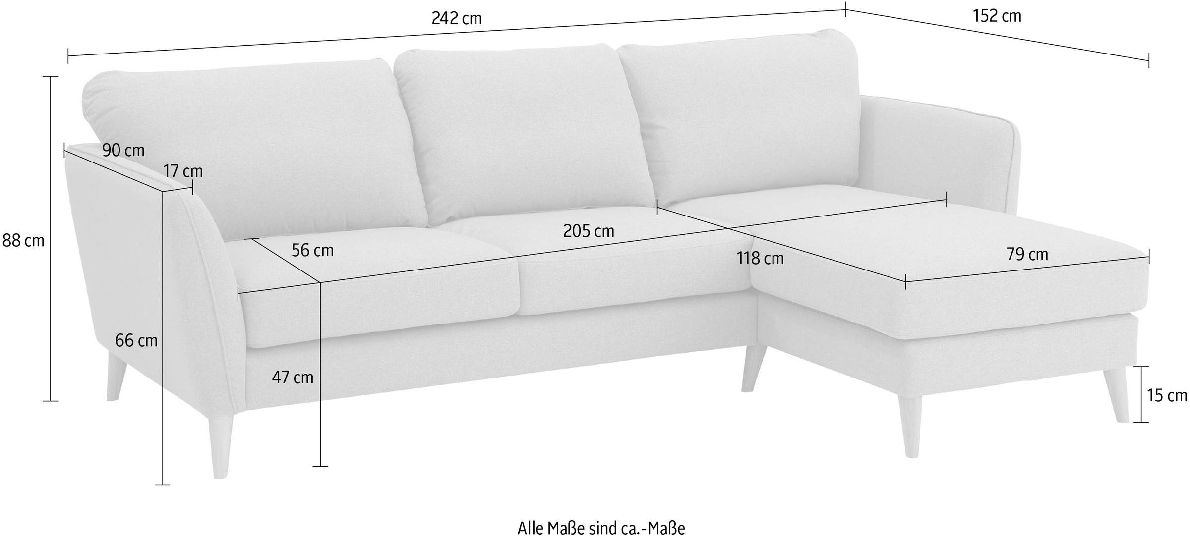 Home affaire Ecksofa »MARSEILLE (242/152cm),L-Form, Rec. rechts/links«, Massivholzbeine Eiche, Landhausstil, Wellenunterfederung