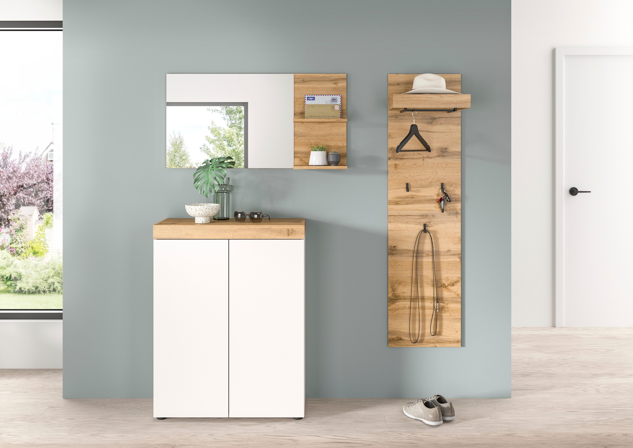 GOODproduct Garderoben-Set »MAMBO, 3-teilige Kombination, stehend & hängend montierbar« bestehend aus: Kommode, Spiegel, Garderobenpaneel, 3 Stk. tlg.