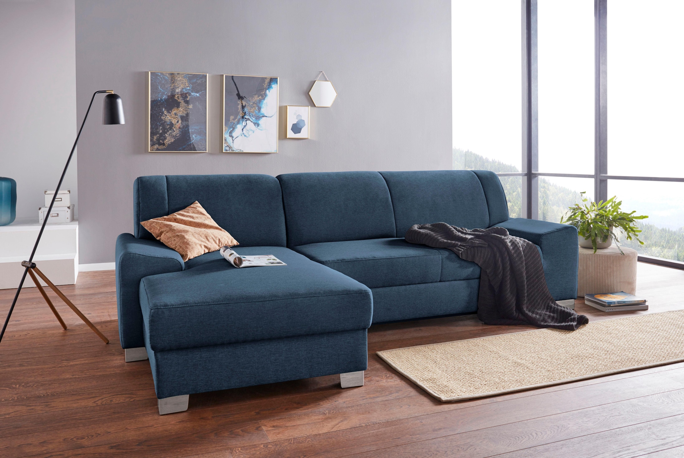 Image of DOMO collection Ecksofa "Anzio L-Form, whlw. Bettfunktion, Federkern, hochwertig, Breite 271 cm" Ohne Bettfunktion, Recamiere links, Struktur fein, dunkelblau