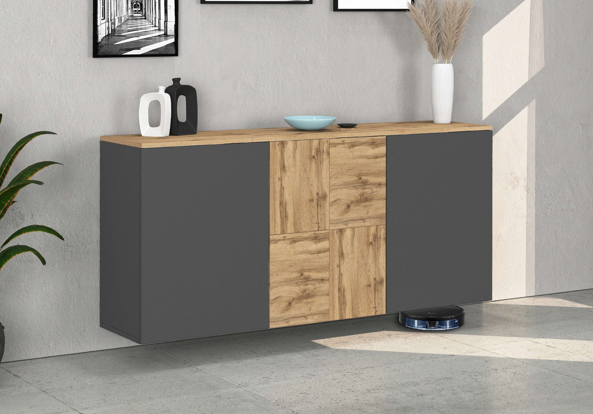GOODproduct Sideboard »ISEO, Kommode, Schrank, Sideboard, Lowboard, 6 Fächer, Breite 150 cm« 1 Stk. tlg. stehend/hängend, 3 Türen, 6 Fächer, Breite 150 cm
