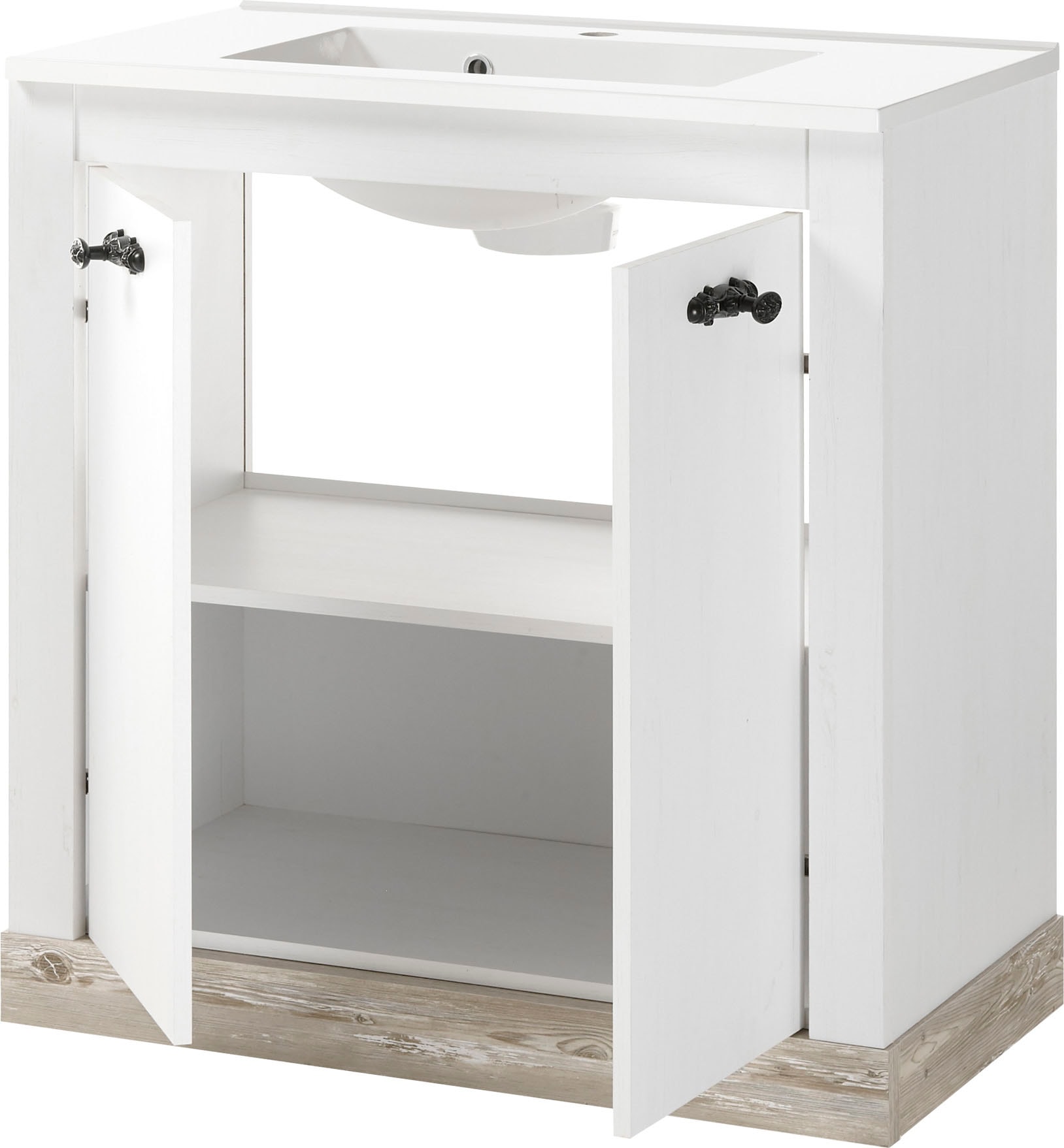 Home affaire Badmöbel-Set »Florenz, Bad im Landhausstil, 3-teiliges Badezimmer«, (3 St.), Waschtisch, Schrank und Spiegel mit Ablage, in Pinie Weiss, Stauraum