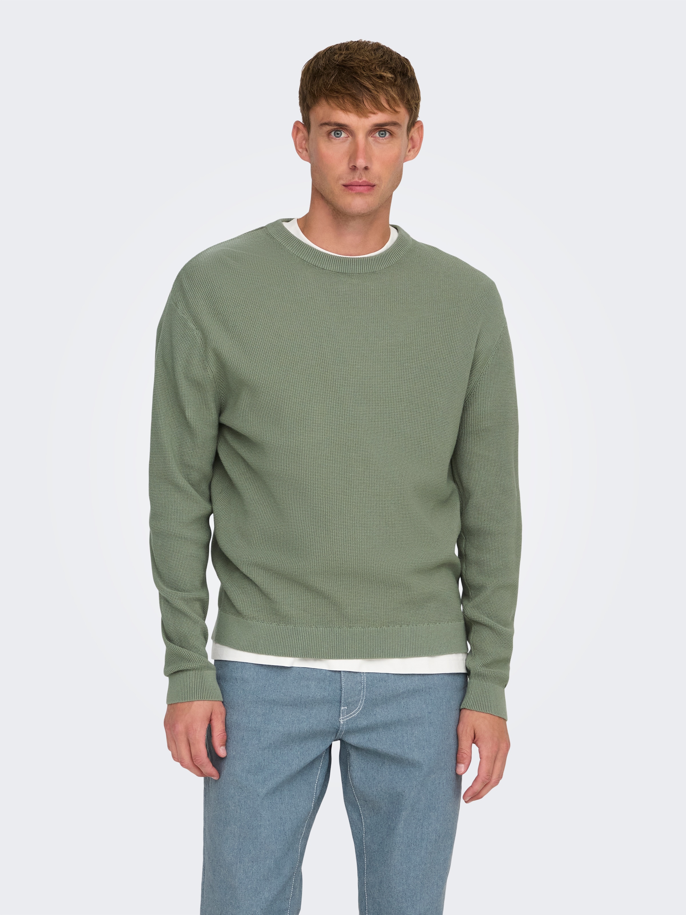 Image of ONLY & SONS Rundhalspullover "ONSTONY DS 12 LS WAFFLE CREW KNIT" Baumwolle, relaxed fit