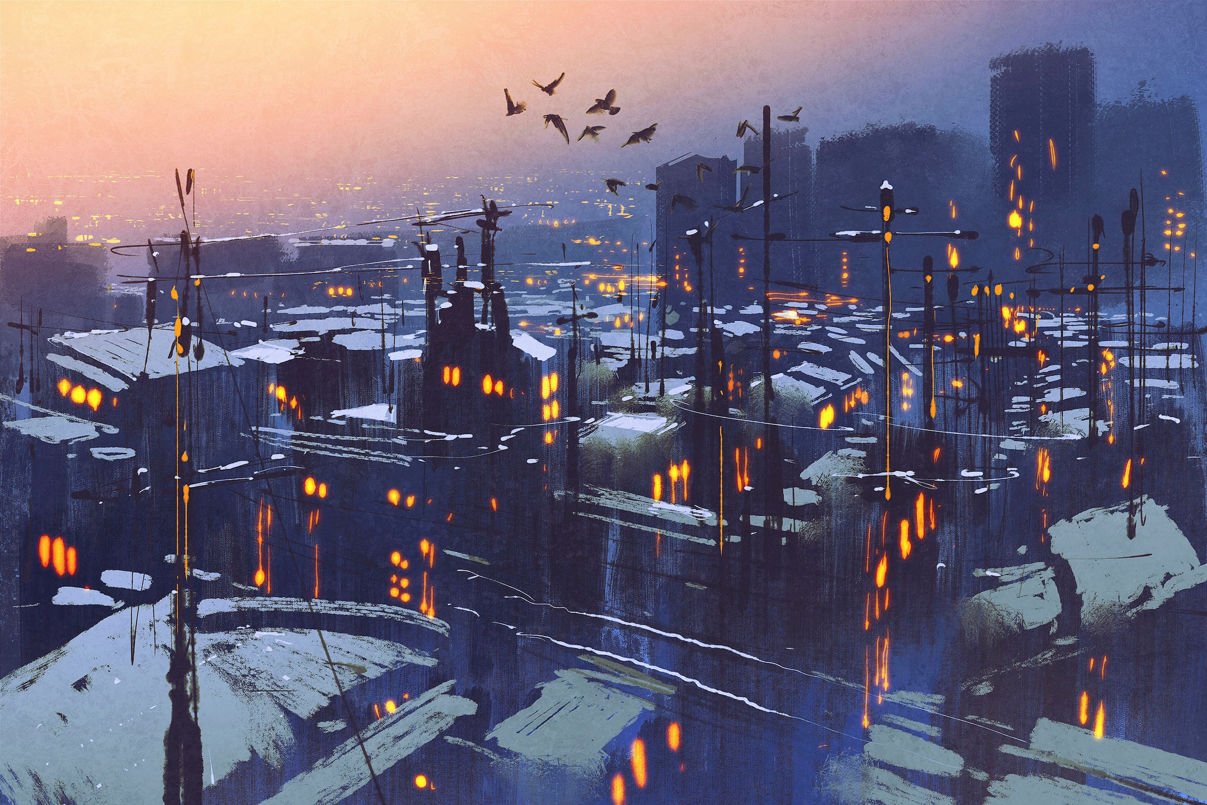 Image of queence Leinwandbild "Stadt bei Nacht" Gebäude Kunst Modern Sonnenaufgang Sonnenuntergang Spa Spa Bilder Vogelbilder Vögel Premium-Leinwandstoff, Handarbeit aus Deutschland