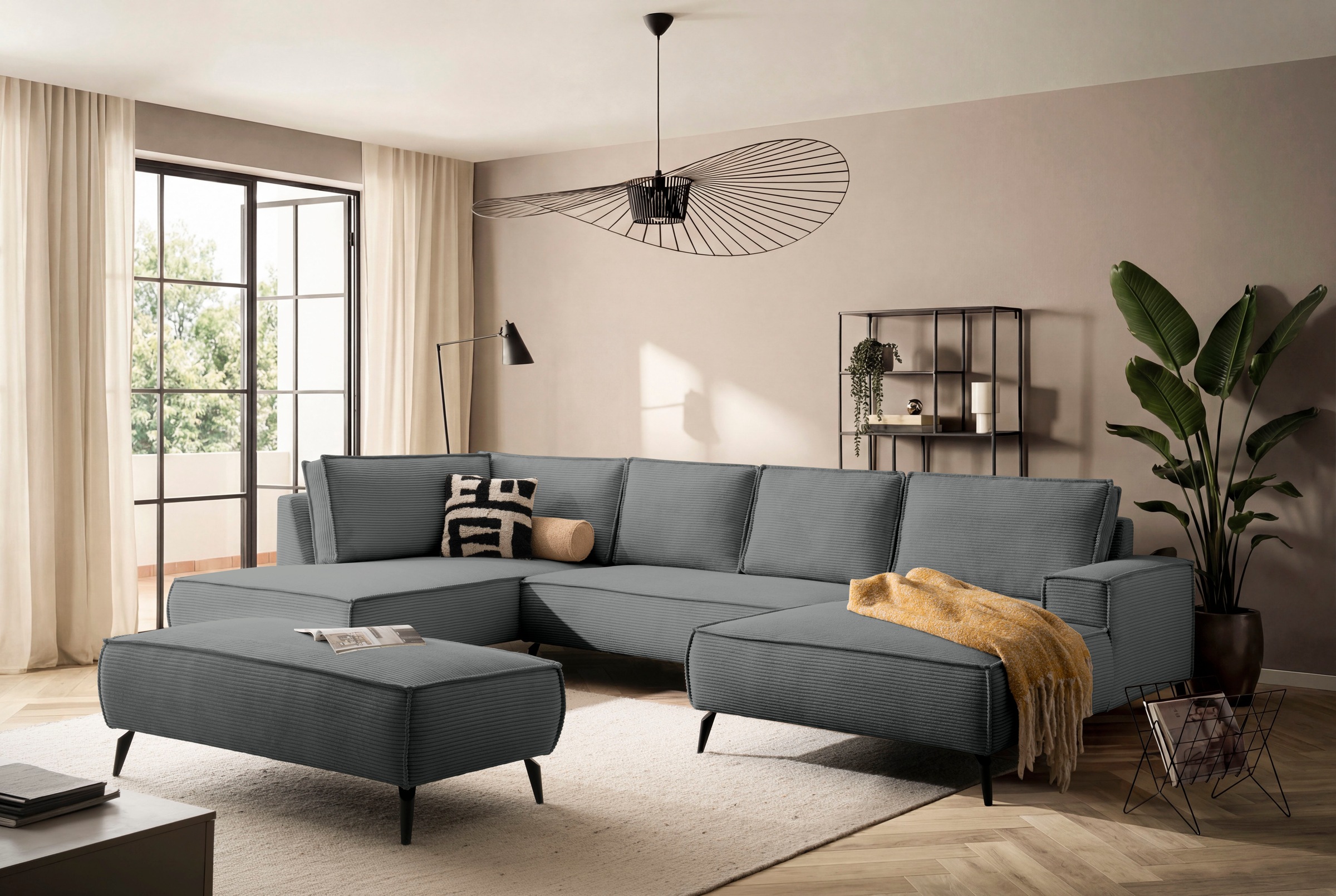 Image of GOODproduct Wohnlandschaft "TVINNU Cord, 360 cm" Recamiere rechts/links, schwarze Metallfüsse, bequeme Sitz-/Liegefläche