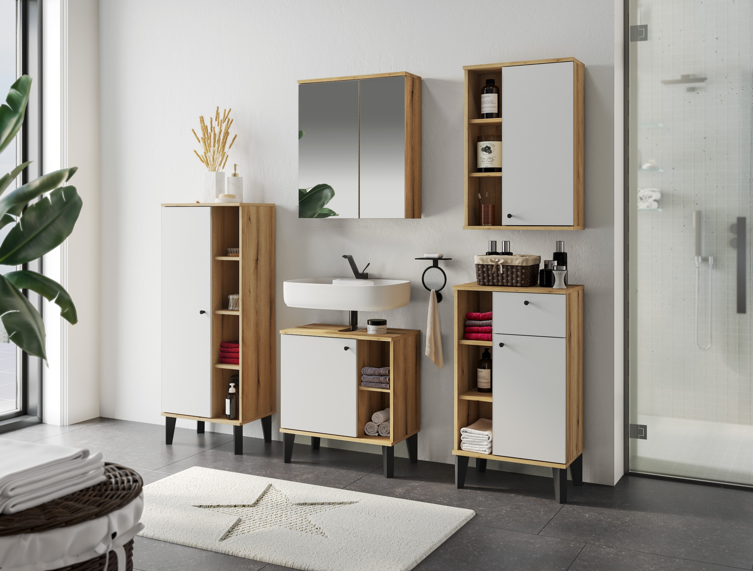 INOSIGN Badmöbel-Set »OSLO, Bad im skandinavischen Design, 5-teiliges Badezimmer« Set, 5 Stk. tlg.