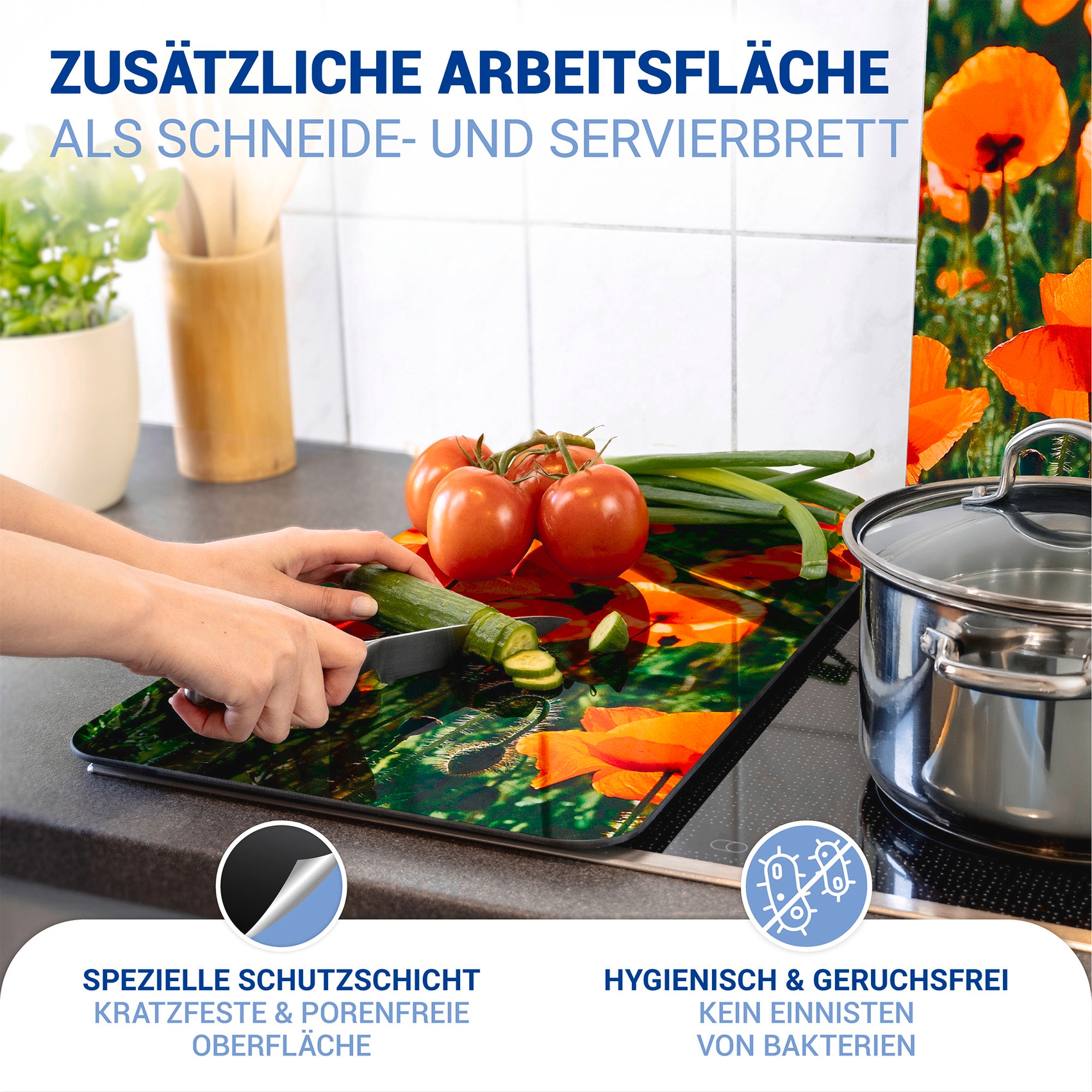 WENKO Herd-Abdeckplatte »Universal Modell Mohnfeld«, (Set, 2 tlg.), Herdabdeckung für alle Herdarten, kratzfest, mit rutschfesten Füssen