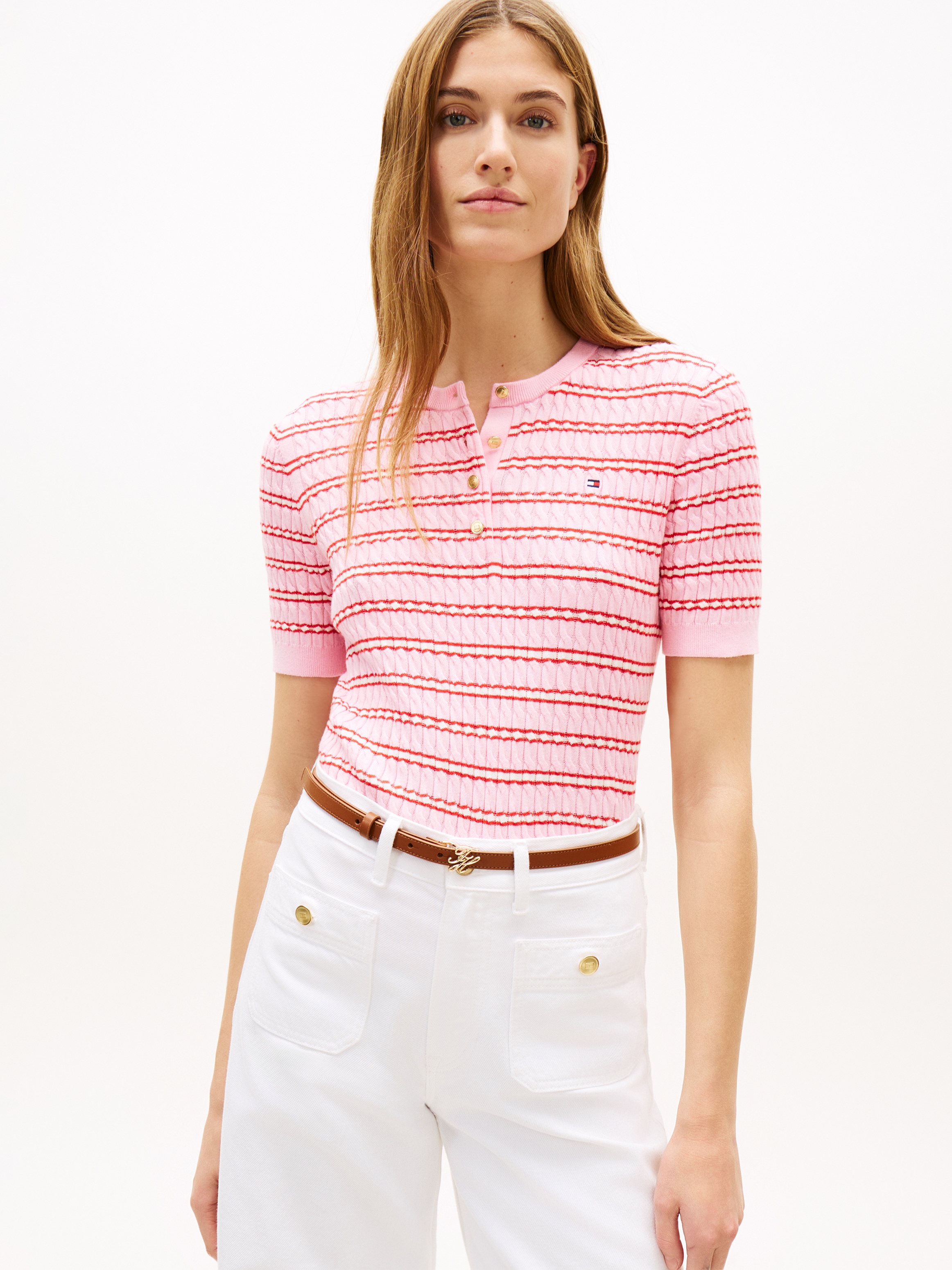Image of Tommy Hilfiger Strickpullover "CO CABLE FINE GG SS HENLEY" mit Zopfmuster