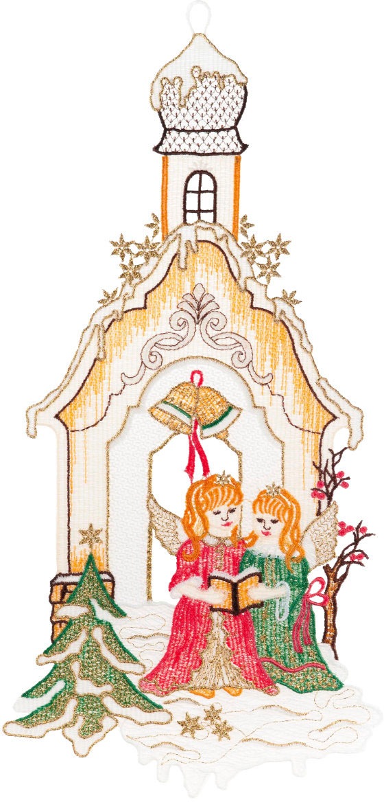Image of W. Reuter & Sohn - Plauener Spitze Fensterbild "Kapelle mit Engeln" Made in Germany