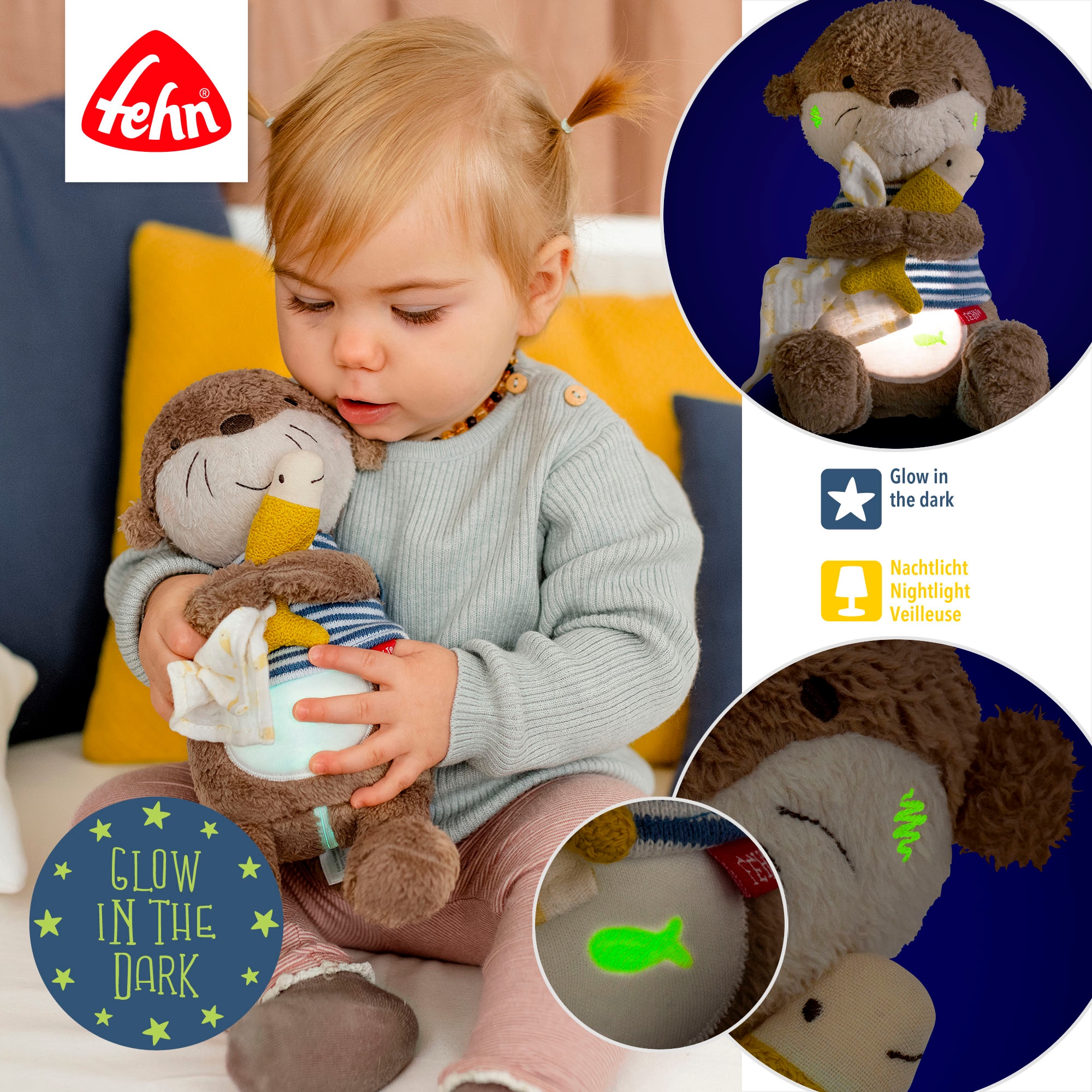 Fehn Peluche »Otter Theo, Nachtlicht« mit »Glow-in-the-dark«-Bestickung & Nachtlicht-Modul