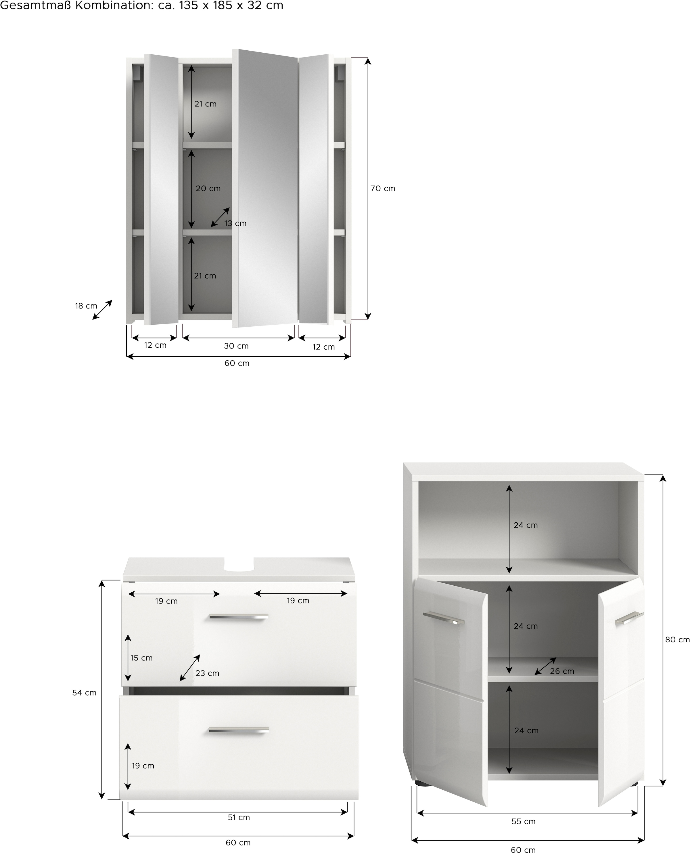 INOSIGN Badmöbel-Set »FLORENZ, TOPSELLER!, 3-teilige Badkombination, hochwertige MDF-Front« Set, best. aus: Waschbeckenunterschrank, Spiegelschrank, Midischrank breit, 
