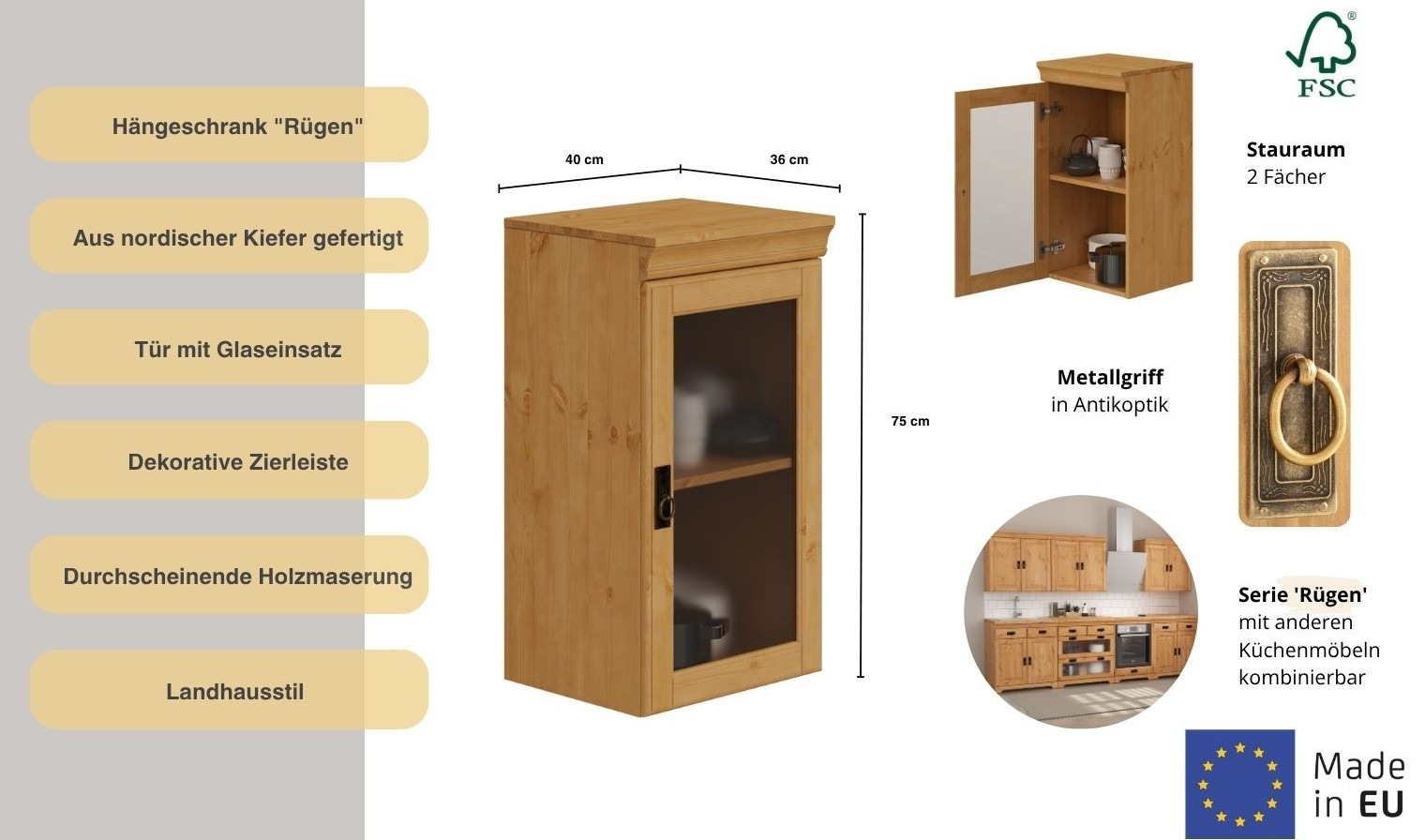 GOODproduct Armoire suspendue »Rügen« Breite 40 cm, FSC® zertifiziertes Massivholz, Tür mit Glaseinsatz