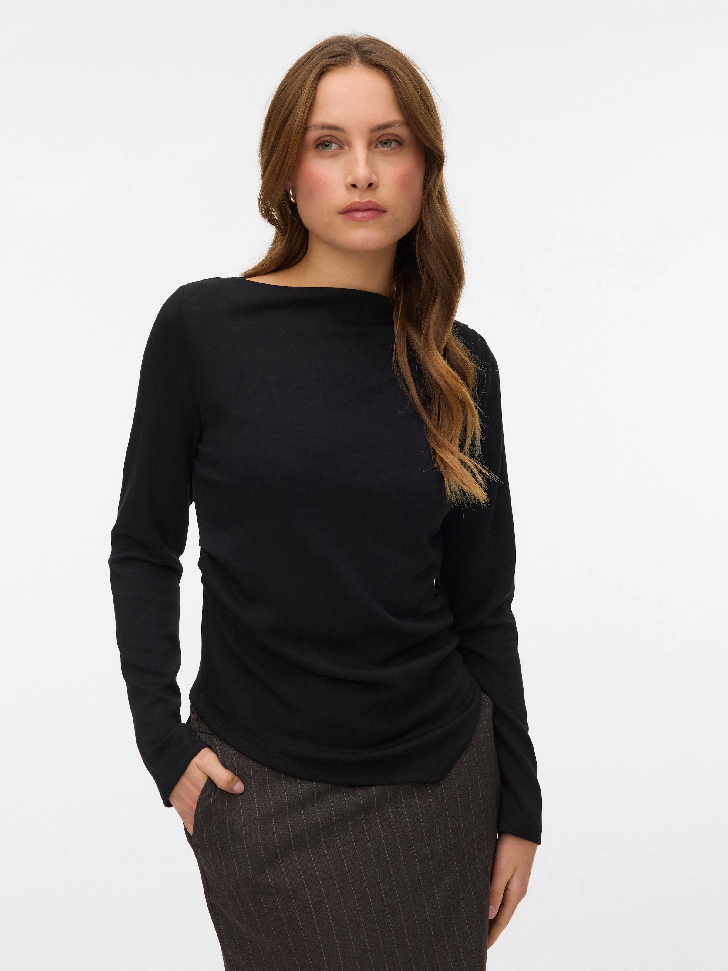 Image of Vero Moda Langarmshirt "VMMILLE LS BOATNECK SHORT TOP JRS NOOS" Materialmix, regular fit, mit Raffung