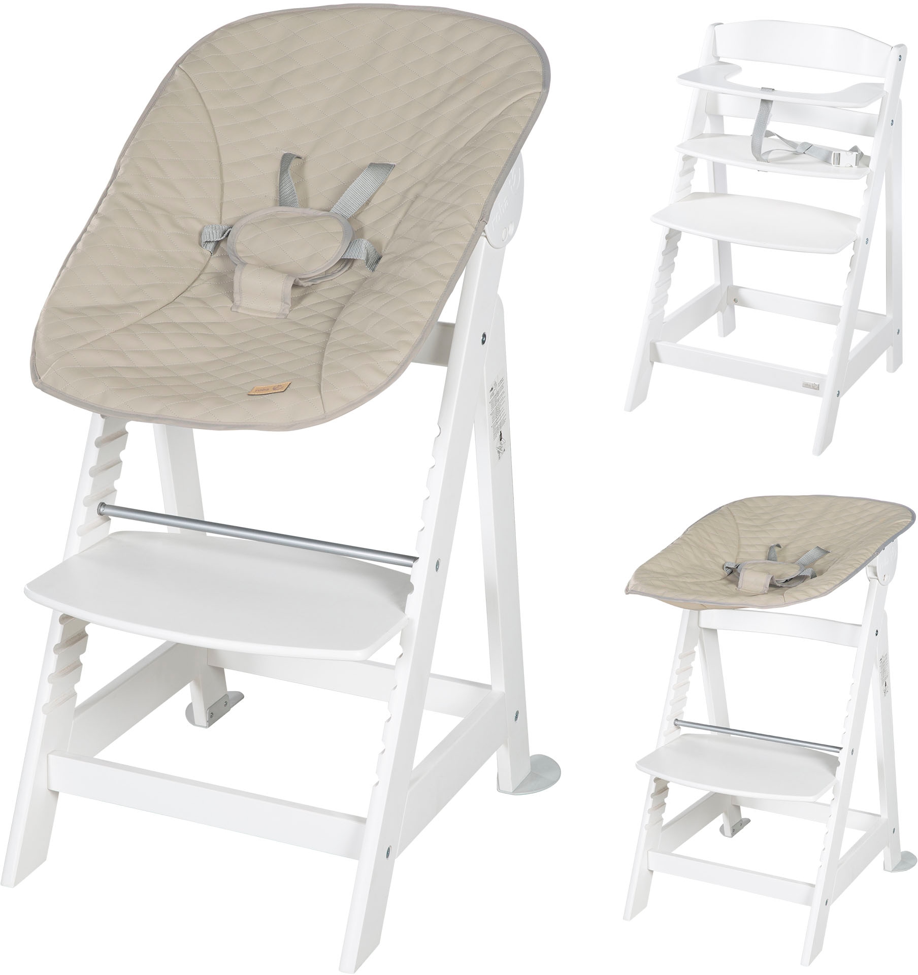 roba® Hochstuhl »Treppenhochstuhl 2-in-1 Set Born Up weiss«, mit Neugeborenen-Aufsatz, Greyish gesteppt