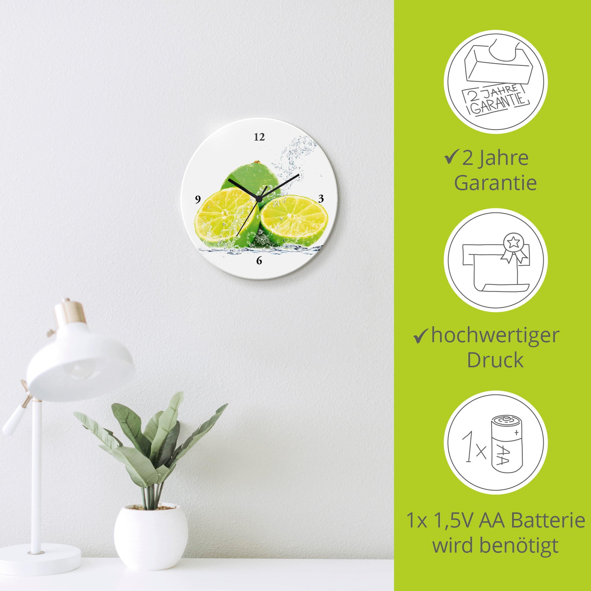 Artland »Limette mit Spritzwasser« wahlweise mit Quarz- oder Funkuhrwerk, lautlos ohne Tickgeräusche