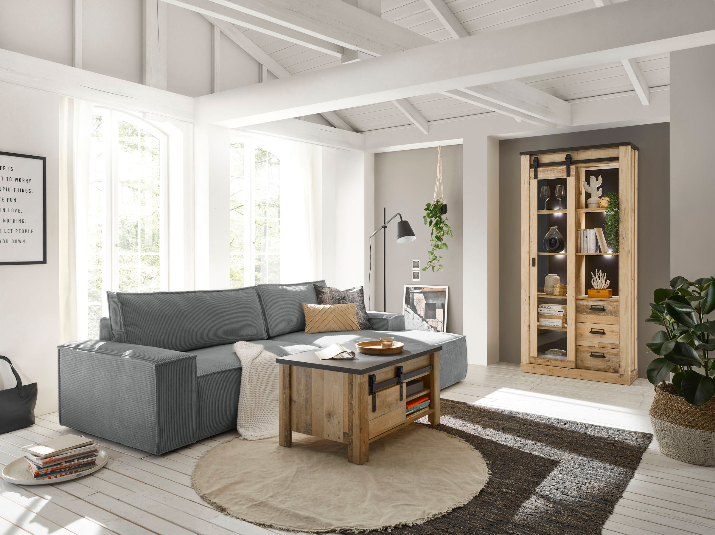 Home affaire Ecksofa SHERWOOD Schlafsofa 267 cm, L-Form, Schlaffunktion mit Bettkasten (210x136 cm), Cord, Vintage, Samtvelours