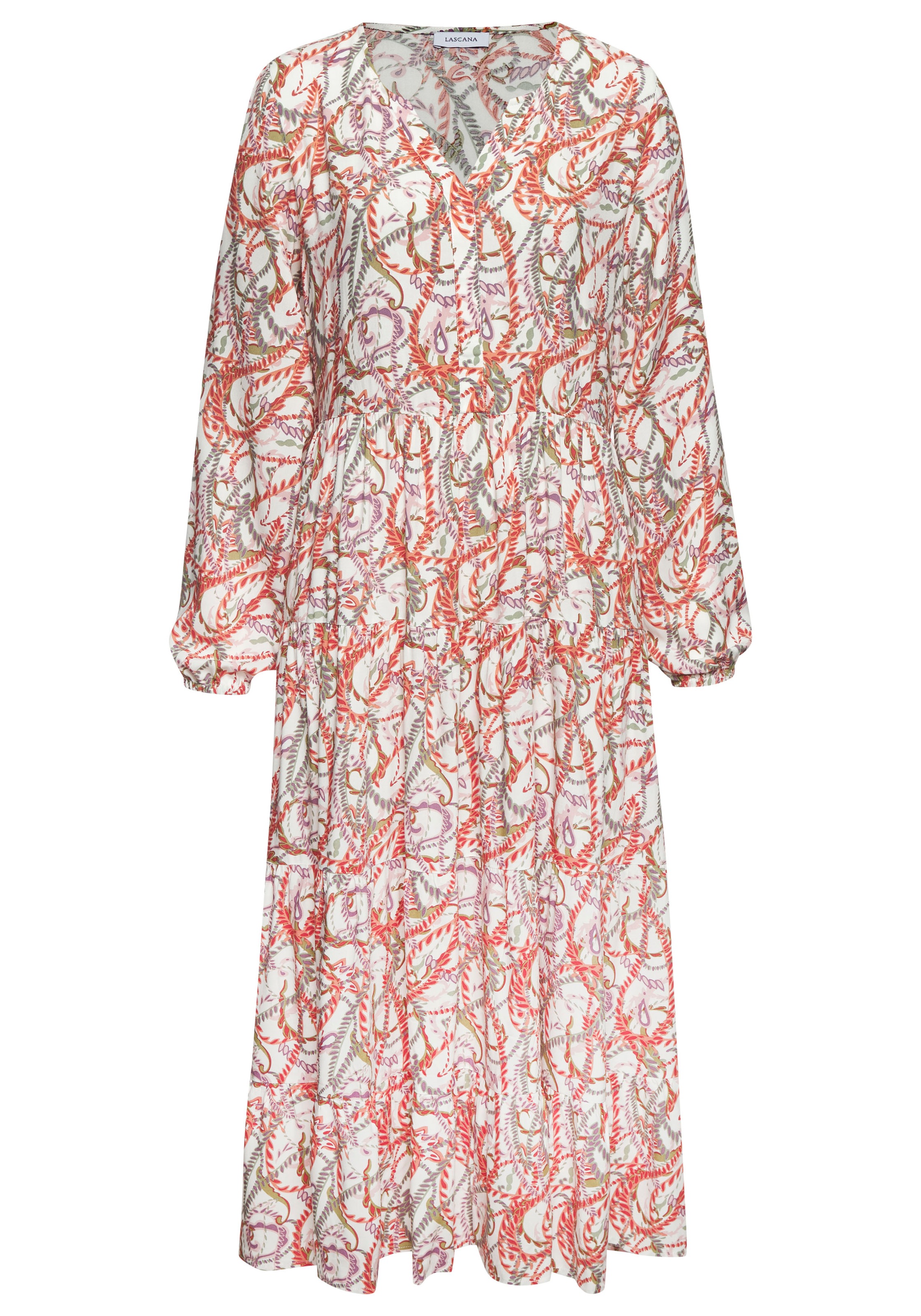 LASCANA Maxikleid "mit Alloverprint und V-Ausschnitt aus Viskose, locker bequemer Look" Ohne Taschen Langärmliges Webkleid, Sommerkleid, lockeres Kaftankleid, Druckkleid