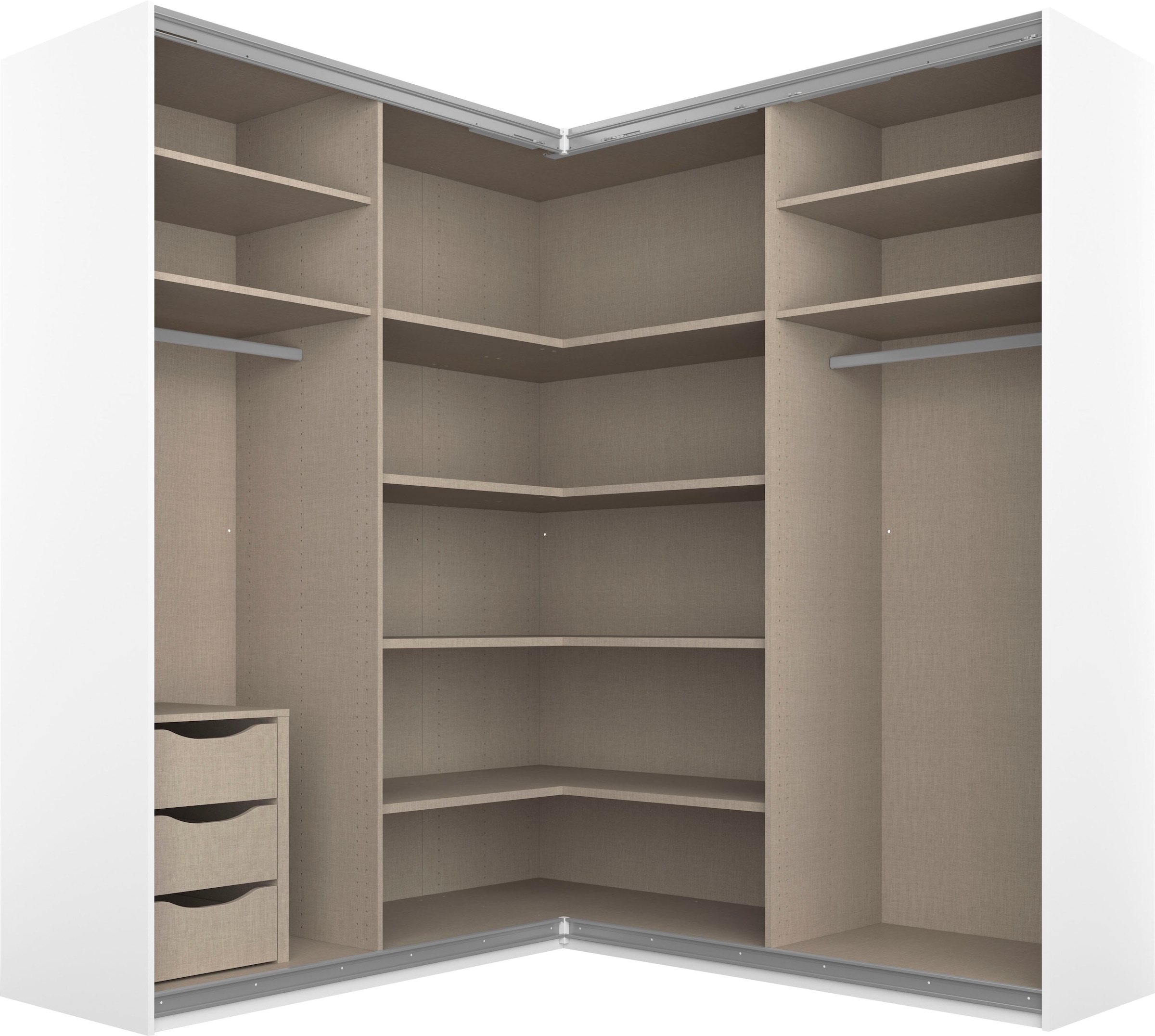 rauch Schwebetürenschrank »Schrank Garderobe Eckkleiderschrank QUADRA Front in Dekor/Hochglanz« Mass 181x187 cm, Höhen 210/229 cm, inkl. Soft-Close-Funktion,  extra grosser Eckschrank inkl. Schubladeneinsatz MADE IN GERMANY
