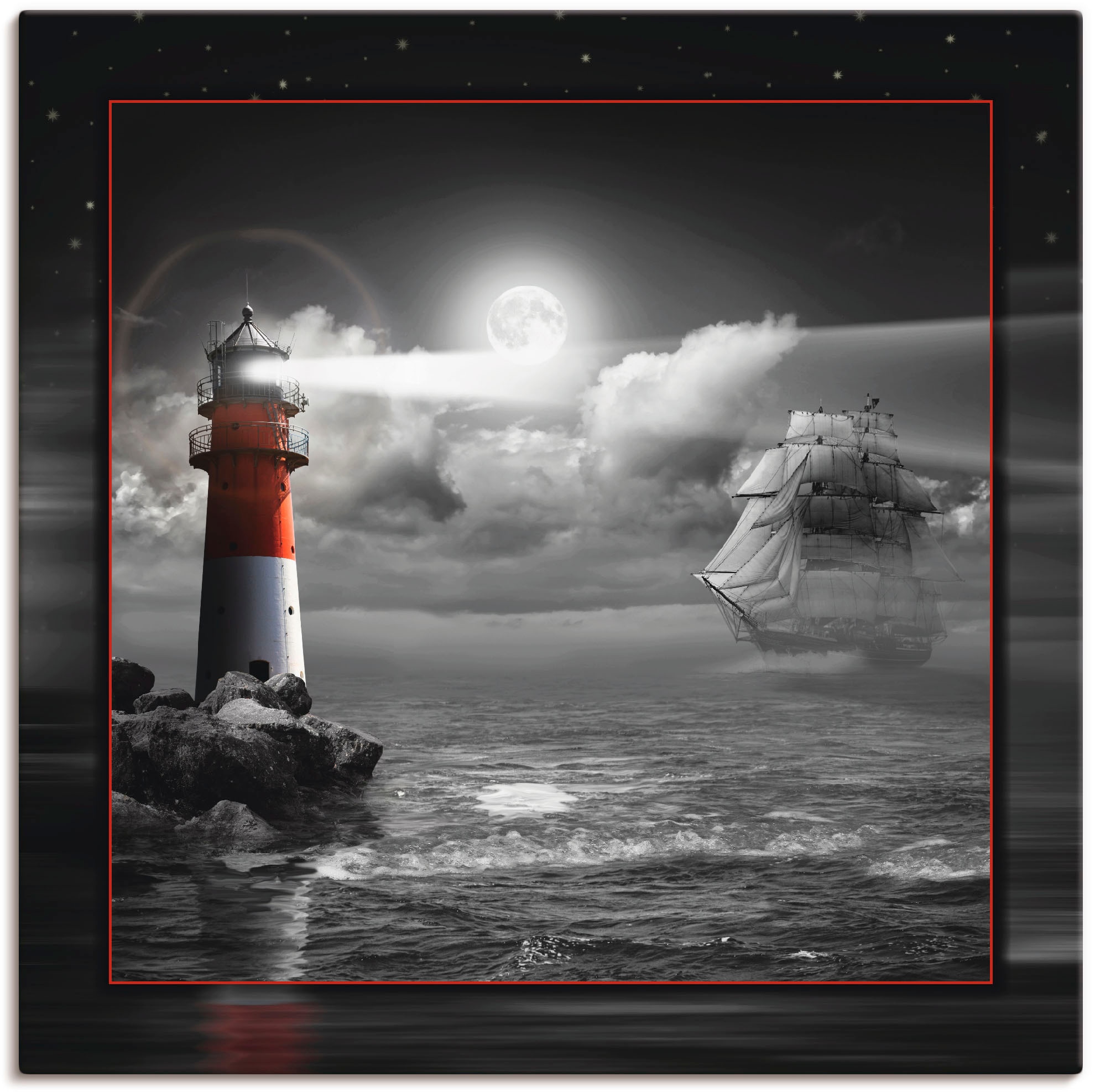 Image of Artland Leinwandbild "Leuchtturm und Segelschiff im Mondschein" Küste 1 Stk. tlg. auf Holzrahmen gespannt