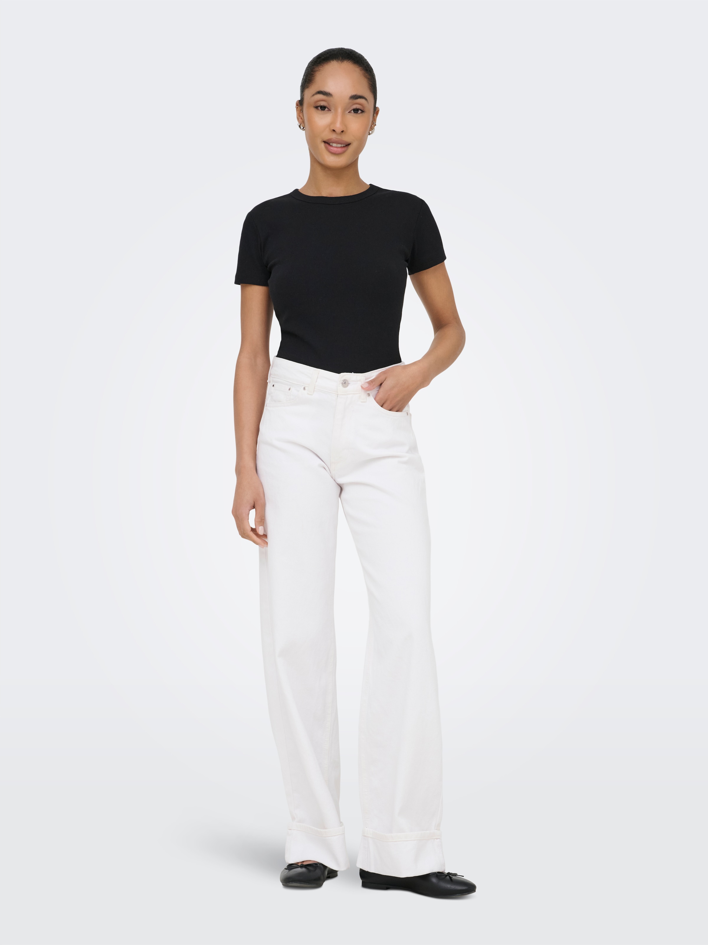 ONLY Jeans large »ONLELLA MW WIDE FOLD UP DNM WHITE TAI« coton, taille régulière, coupe large