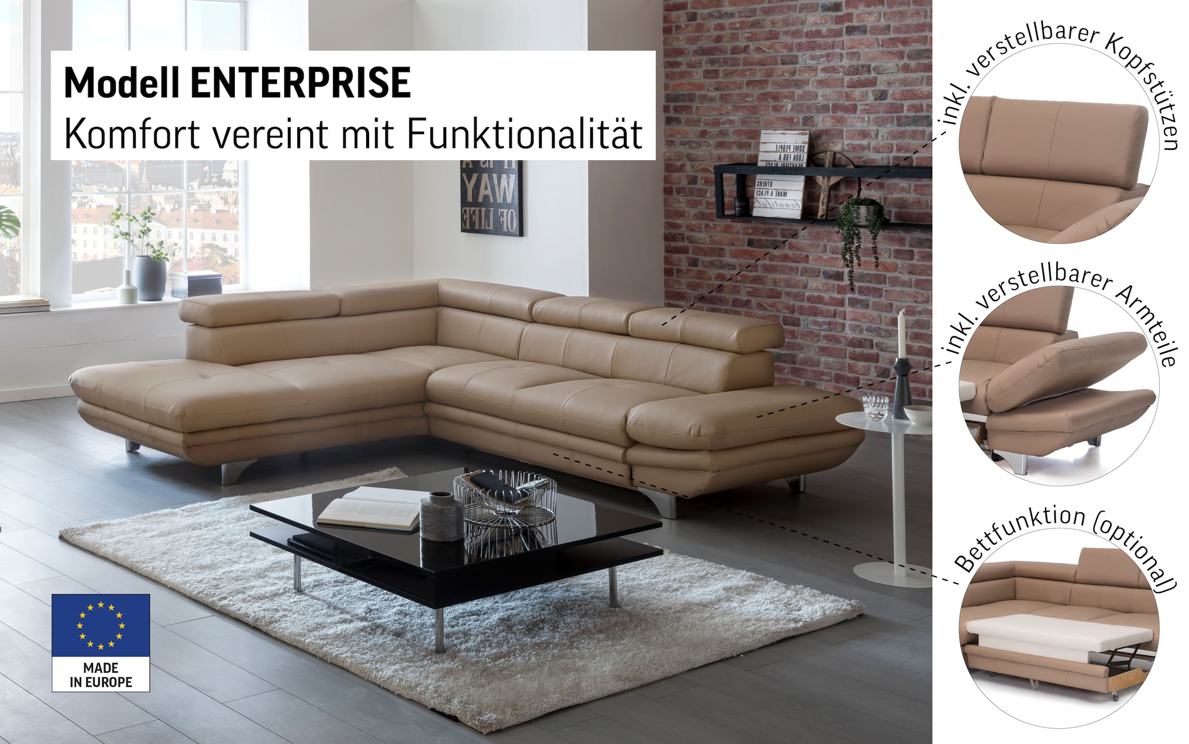 COTTA Ecksofa »Enterprise L-Form« mit Arm- & Kopfteilverstellung, wahlweise mit Bettfunktion