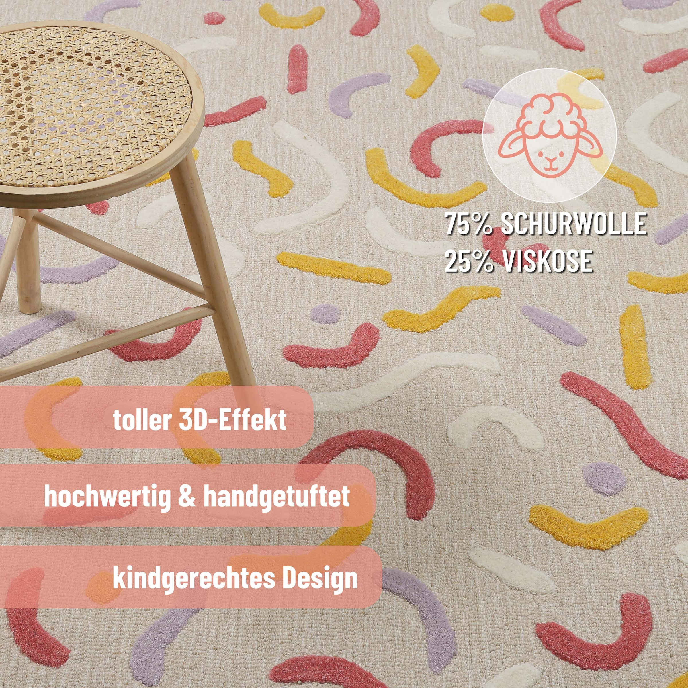 SMART KIDS Tapis pour enfants »Confetti 2.0« Rectangulaire 16 mm Höhe Tapis enfant et de jeu, effet relief, laine vierge, chambre d'enfant