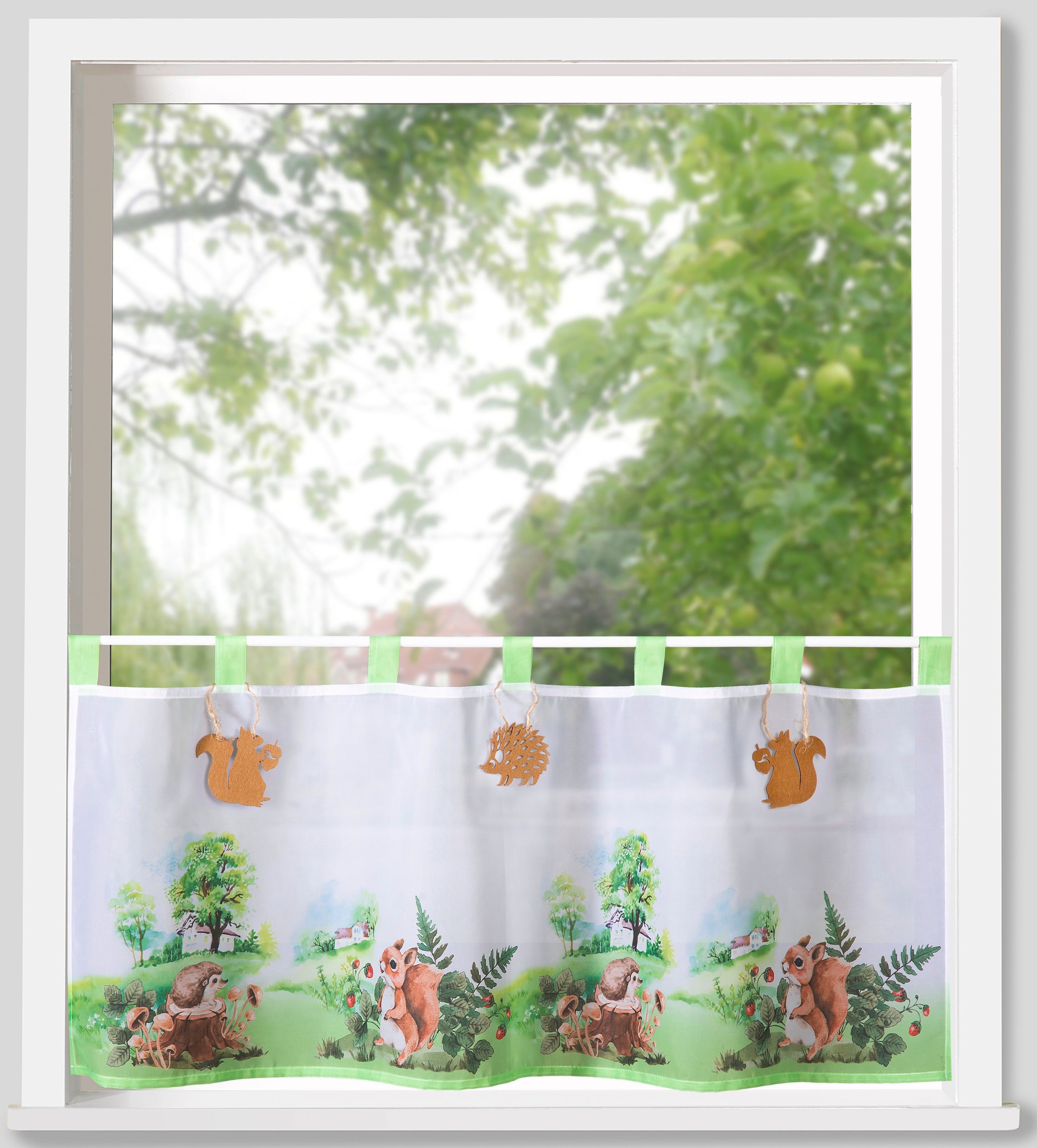 Weckbrodt Scheibengardine »Jara« Schlaufen 1 Stk. tlg. Bistro, Voile, beruckt, halbtransparent,3 Tieranhänger, Gardine, Store