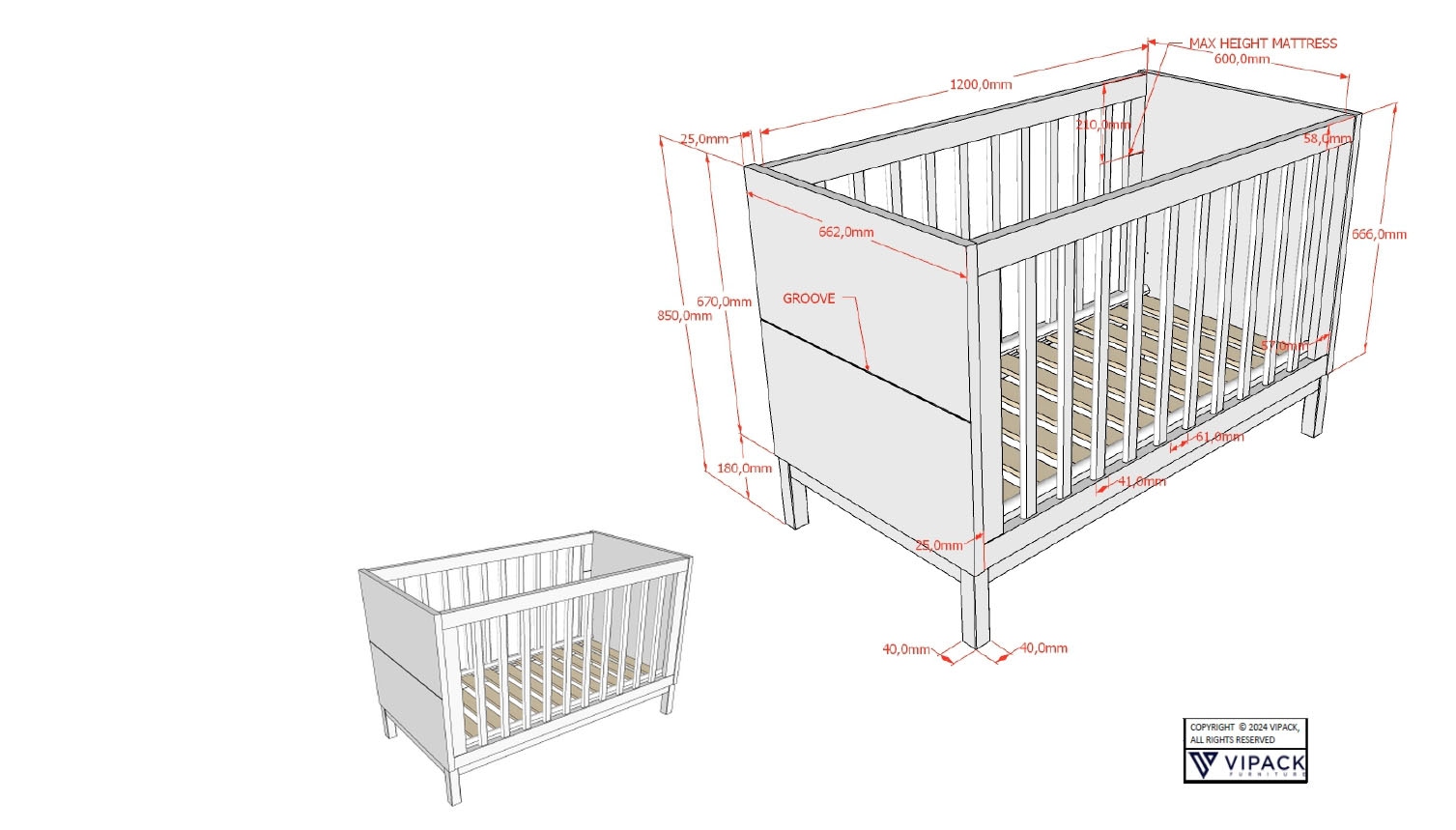 Vipack Ensemble de meubles pour bébé »Set best. aus Babybett 60/120, Kommode 3 Schubladen und Wickelaufsatz« 3 cuis tlg. au design épuré, surface laquée facile d'entretien en blanc