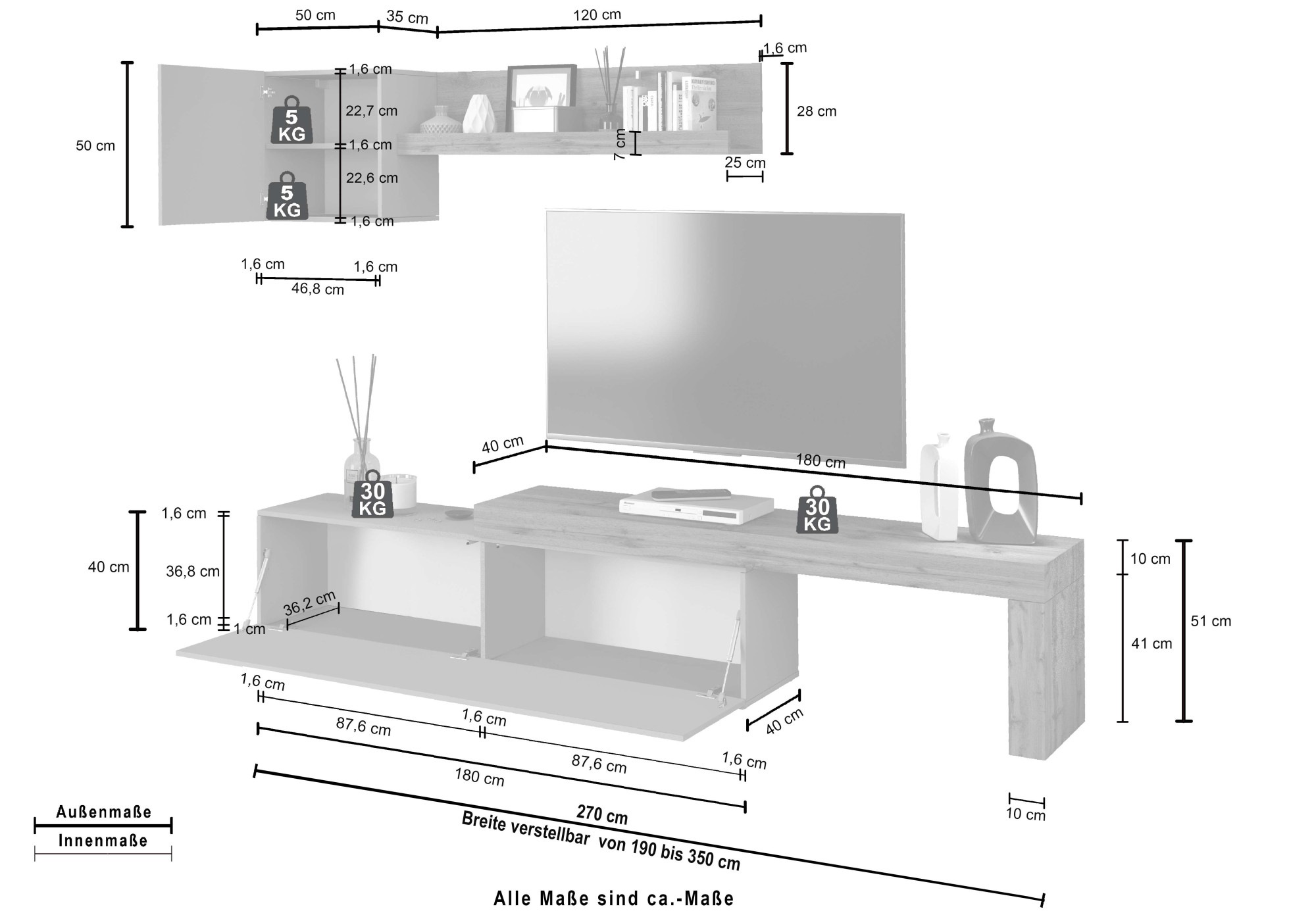 INOSIGN TV-Wand »Chronos TV-Set, Wohnwand – Elemente frei platzierbar, Made in Italy« Set, 3-er set, 3 Stk. tlg.
