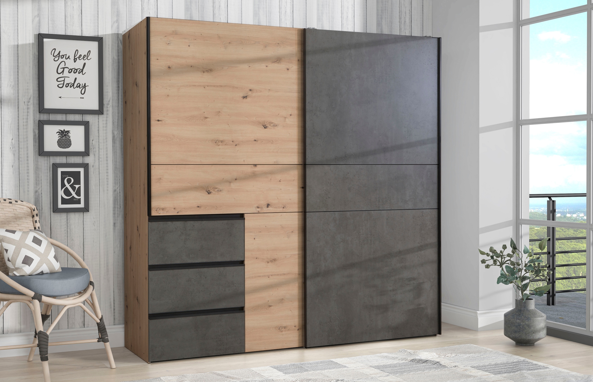 Image of FORTE Schwebetürenschrank "Winn, Schiebetürenschrank mit 3 Schubladen, Made in Europe" In 2 Grössen erhältlich - B/H/T ca. 170x200,5x61cm und 200x200,5x61cm, verschiedene Grössen und Farben, sehr viel Stauraum
