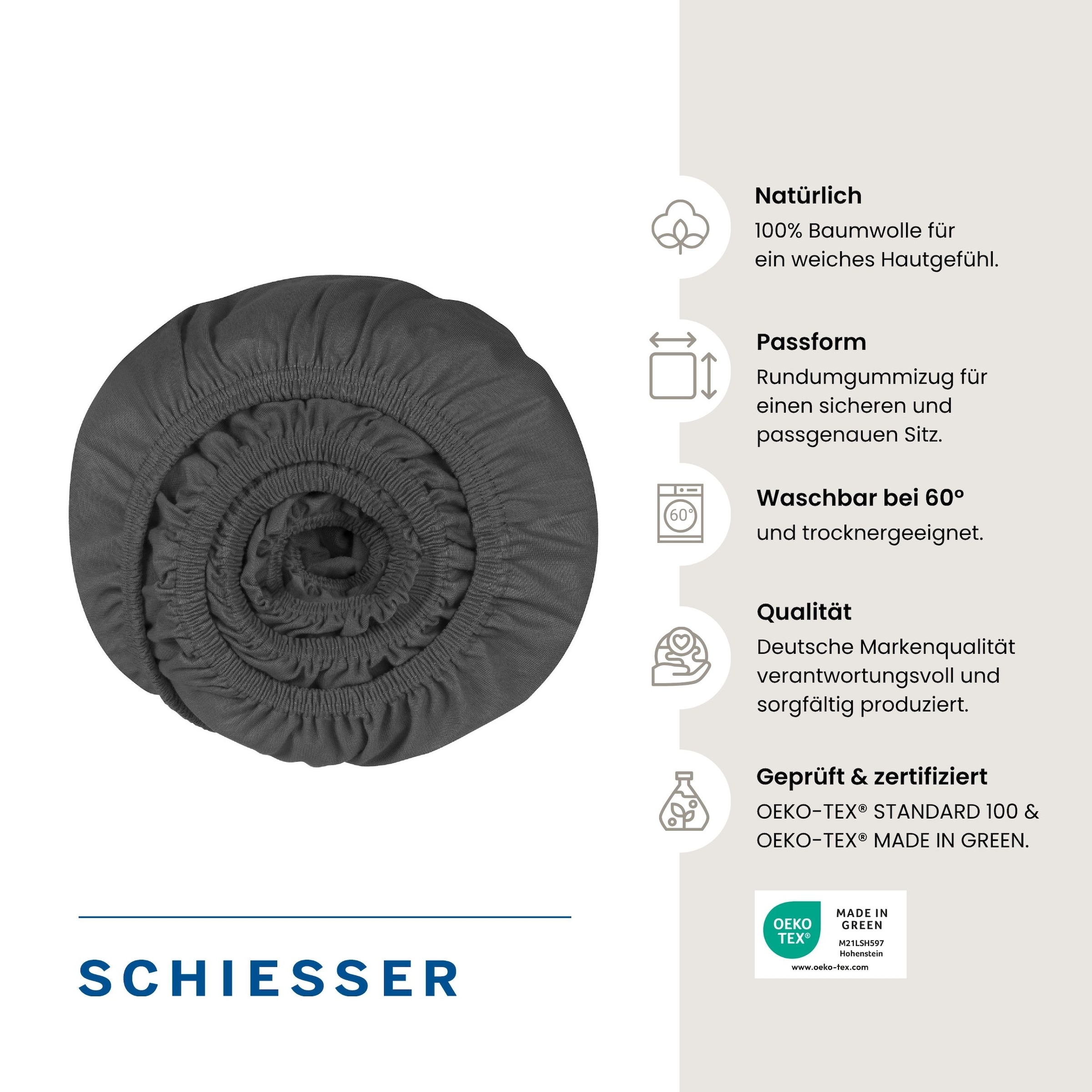 Schiesser Draps de lit »Jessi aus 100% Baumwolle« pour matelas jusqu'à 22 cm de hauteur, OEKO-TEX® MADE IN GREEN