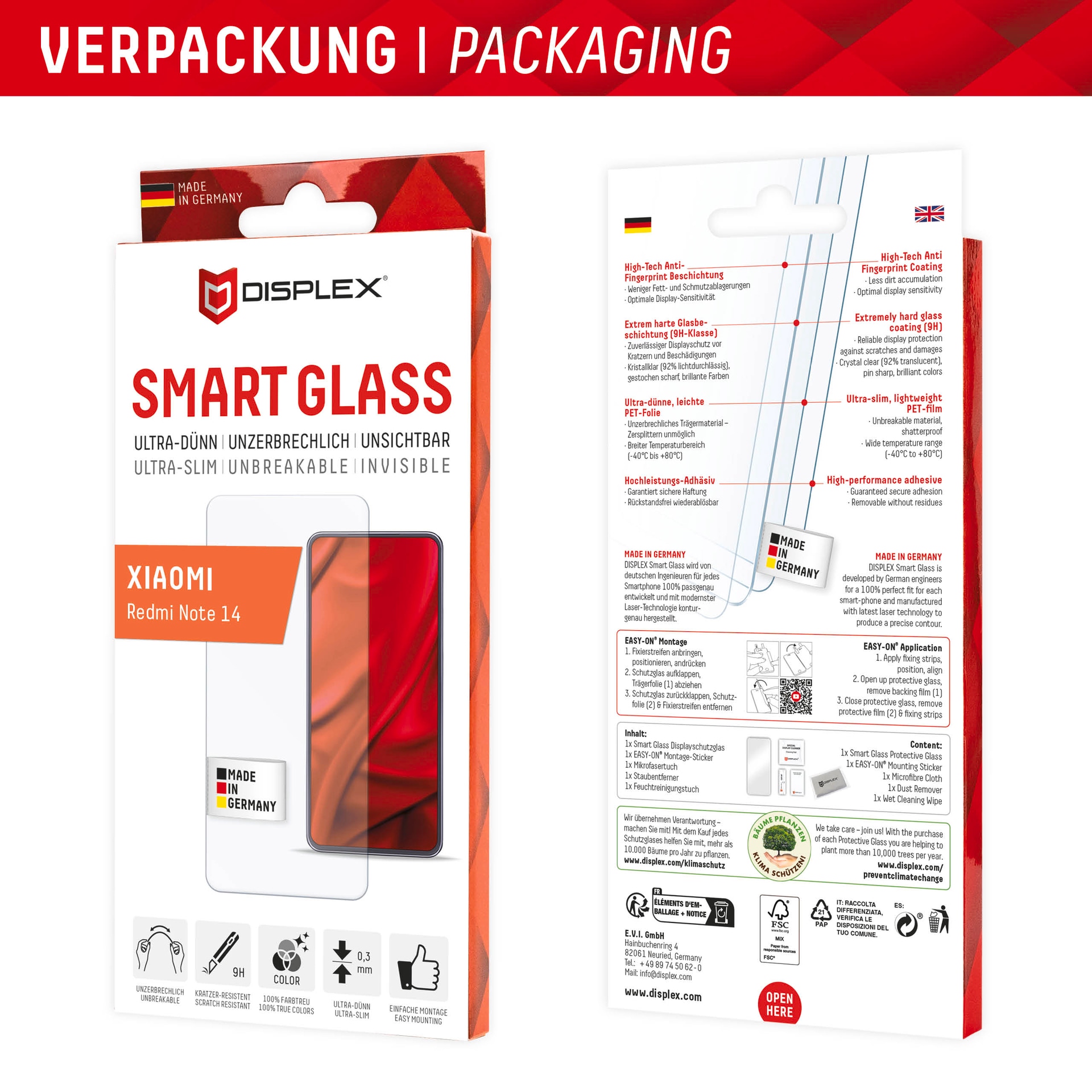 Displex Displayschutzglas »Smart Glass Screen Protection - ultra-dünn, unzerbrechlich, unsichtbar« für Xiaomi Redmi Note 14 Displayschutzfolie, Schutzfolie, Bildschirmschutz, kratz- & stossfest