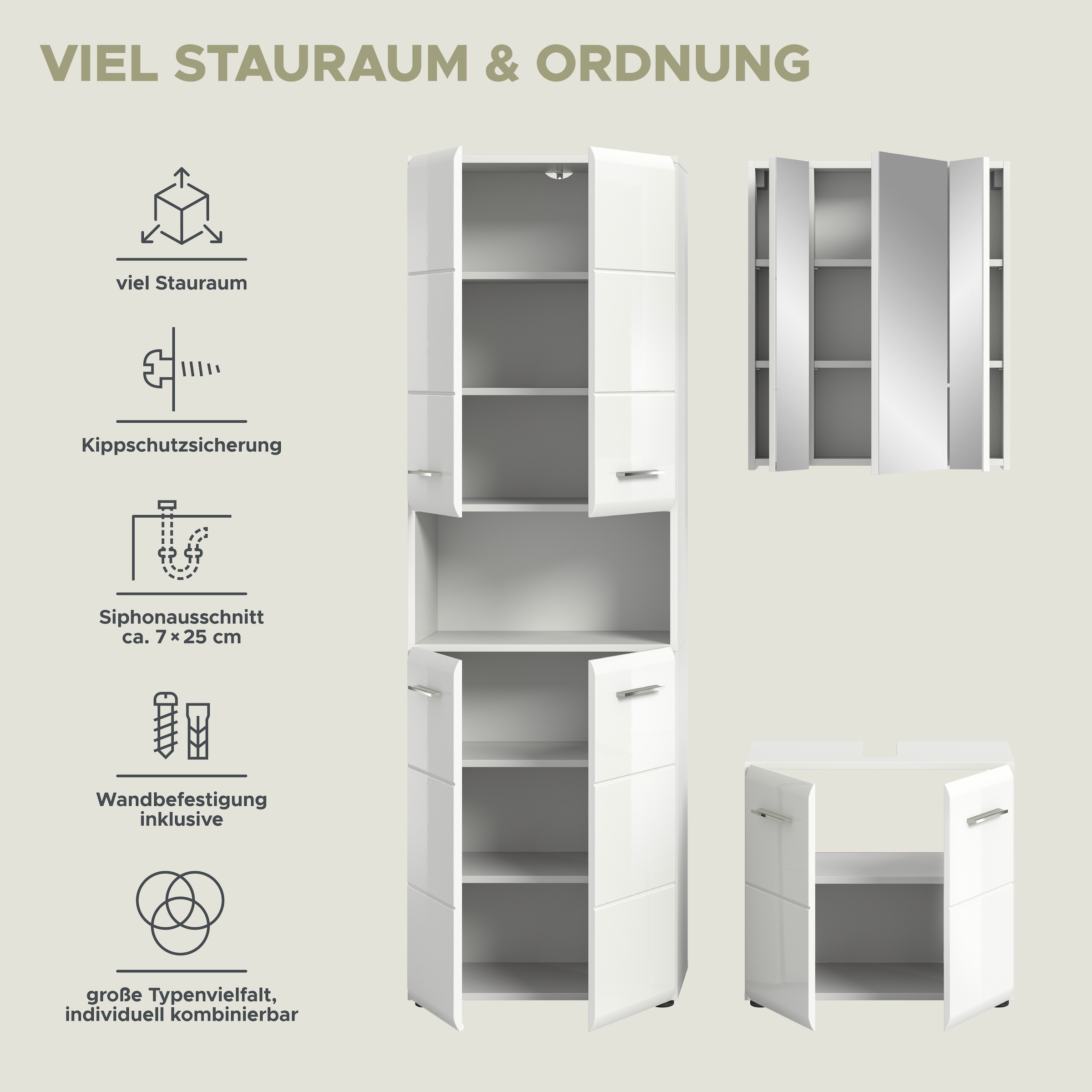 welltime Ensemble de meubles de salle de bain »FLORENZ,  3-teilige Badkombination, hochwertige MDF-Front« Ensemble, best. aus: 1 Hochschrank, 1Waschbeckenunterschrank, 1 Spiegelschrank, 