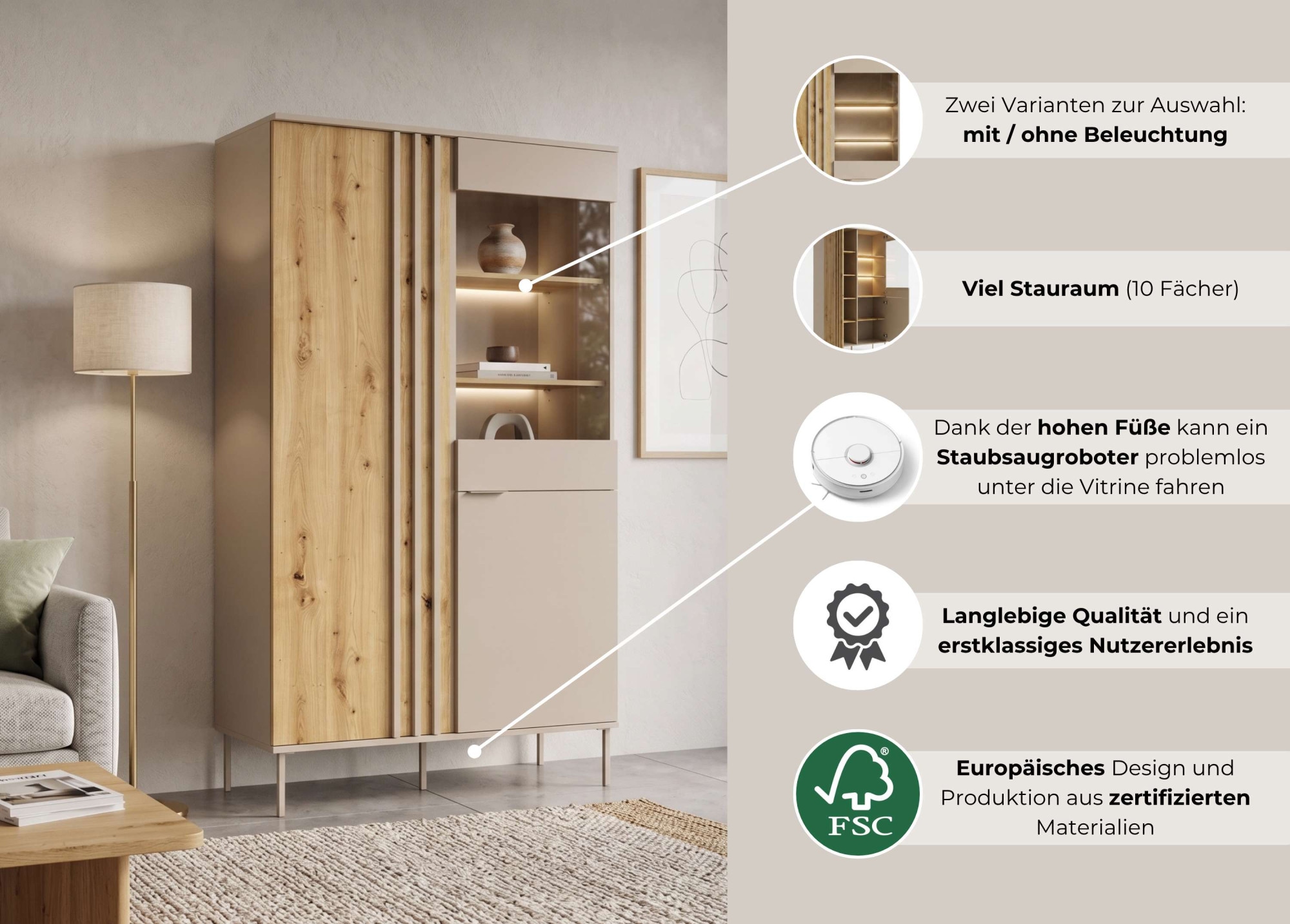GOODproduct Vitrine »AAELIN Vitrineschrank mit/ohne Beleuchtung, verglast, viel Stauraum« Standvitrine/Glasvitrine mit 2 Türen, 8 Einlegeböden, matt Hochschrank