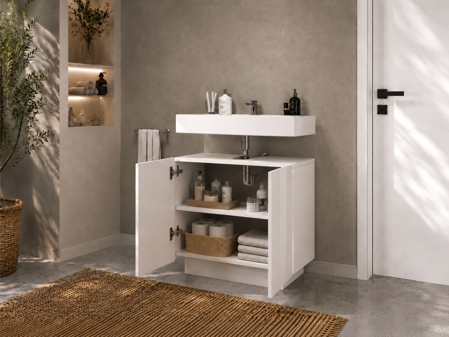 welltime Armoire sous lavabo »Vela,Breite 60cm, 2 Türen, 2 Fächer, mit Siphonausschnitt, lackiert« 1 cuis tlg. meuble sous-lavabo, plan vasque, design avec portes inclinées