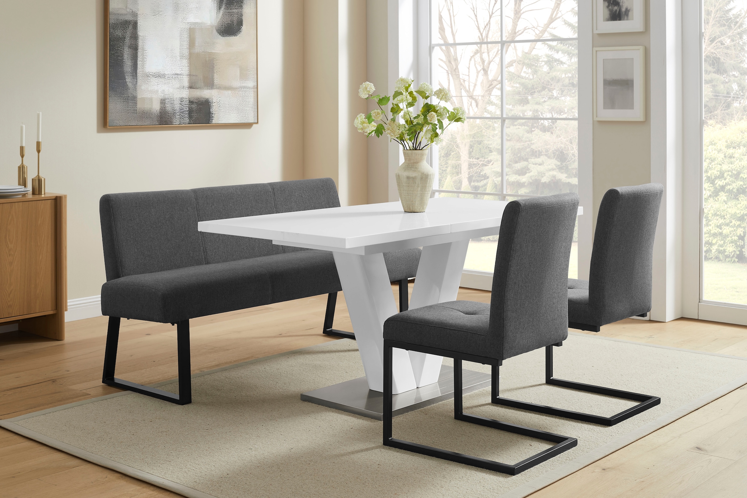 GOODproduct Essgruppe »Gellina« Set, 4 tlg. ausziehbarer Esstisch, Freischwinger, Sitzbank mit Rückenlehne