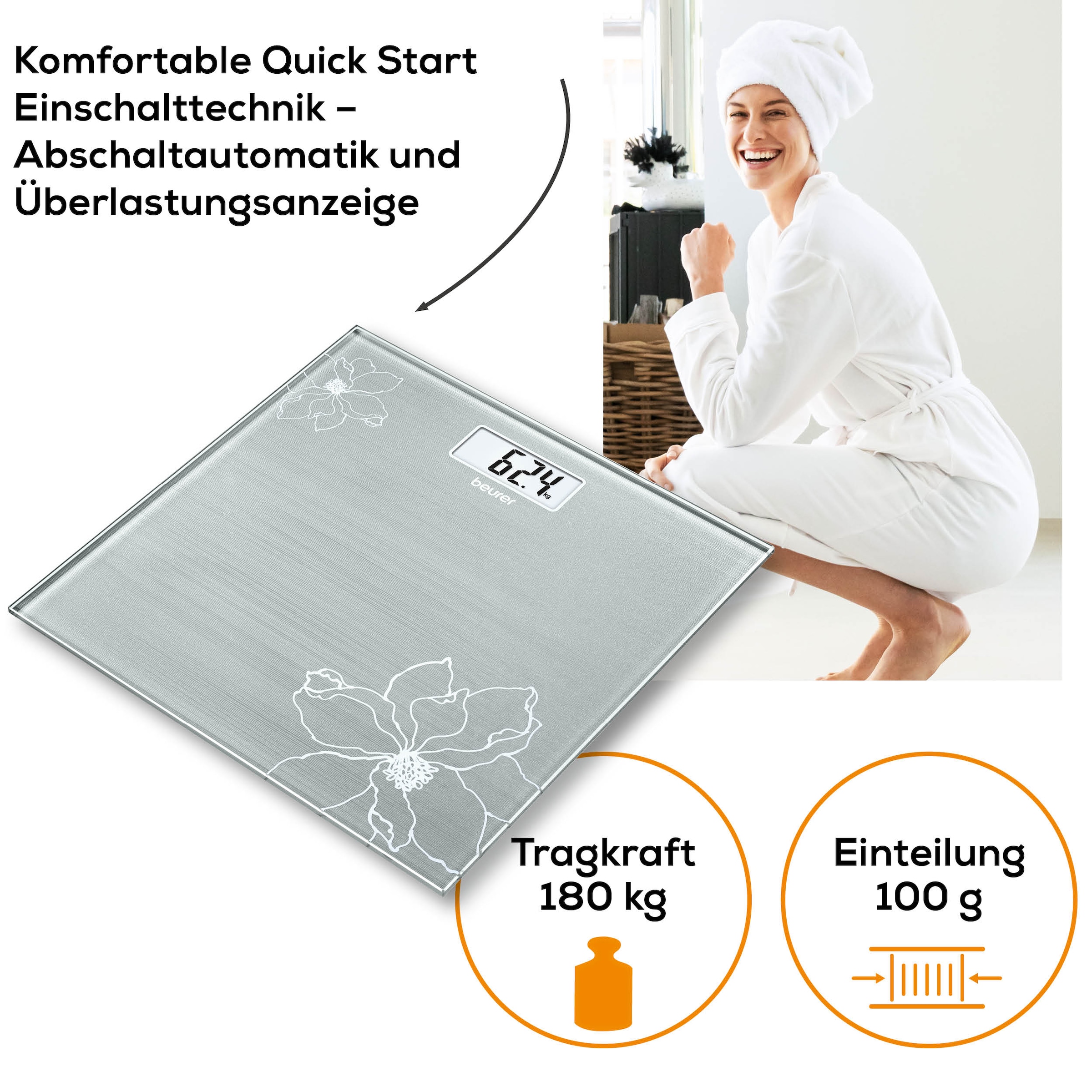 BEURER Pèse-personne »GS 10 besonders flach mit nur 1,9 cm, Tragkraft bis 180 kg« Wiegefläche aus Sicherheitsglas, mit Einschaltautomatik