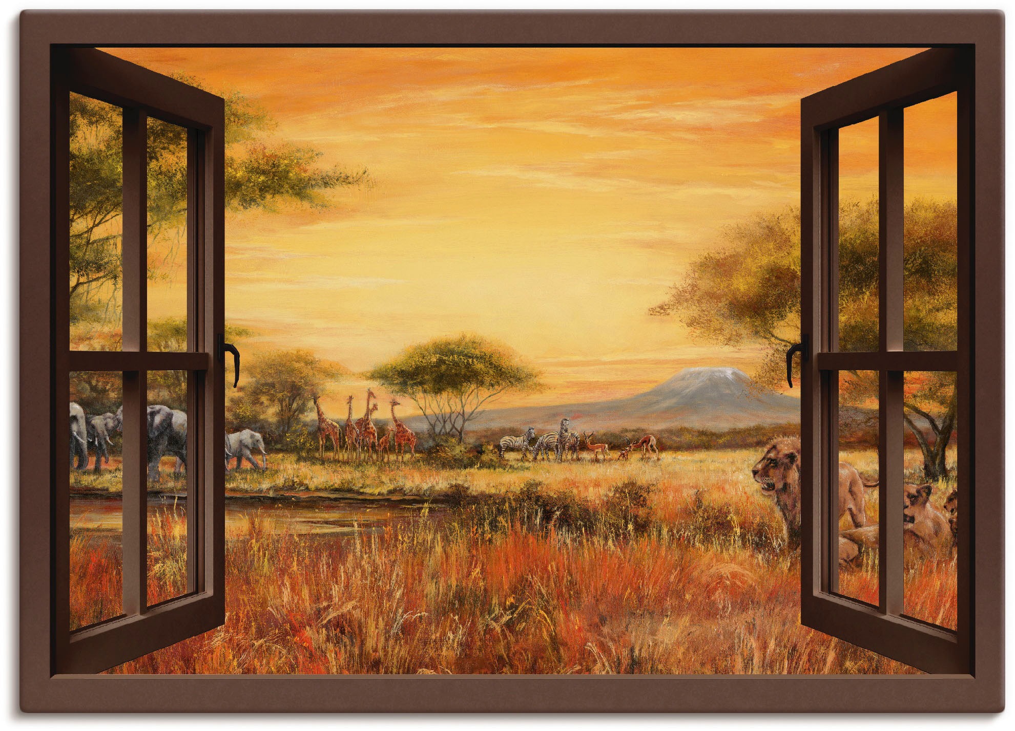 Image of Artland Leinwandbild "Fensterblick Afrikanische Steppe Löwen" Fensterblick 1 Stk. tlg. auf Holzrahmen gespannt