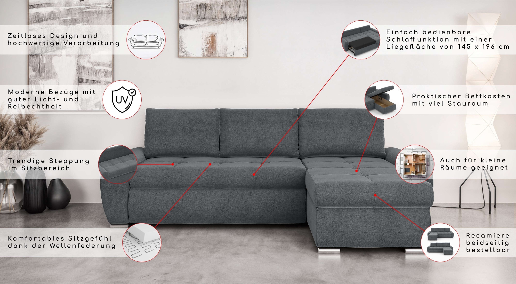 INOSIGN Ecksofa »HAVERHILL Schlafsofa mit Bettkasten, Masse B/H/T: 237/89/166 cm«, L-Form mit Recamiere links oder rechts bestellbar, Wellenunterfederung