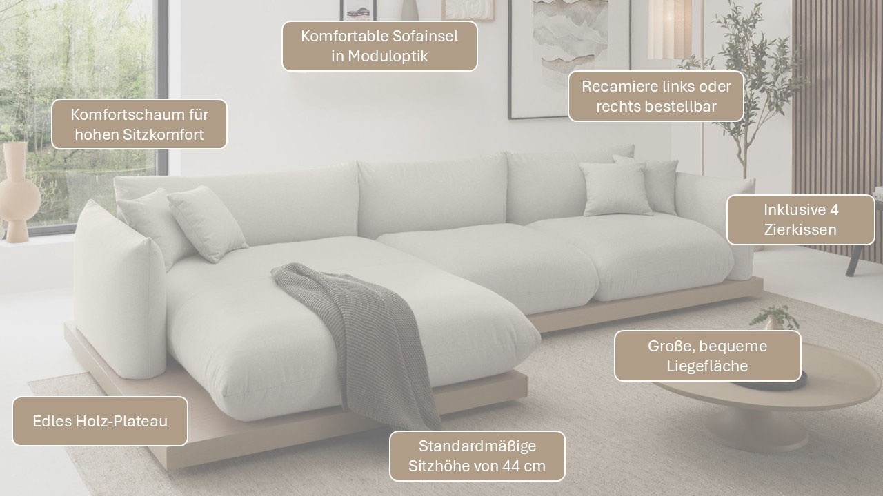 GOODproduct Ecksofa »Kalix, Polsterecke mit kräftigem Holz-Plateau, moderne Couch in L-Form« wahlweise Recamiere links o. rechts, Strukturstoff, hoher Sitzkomfort
