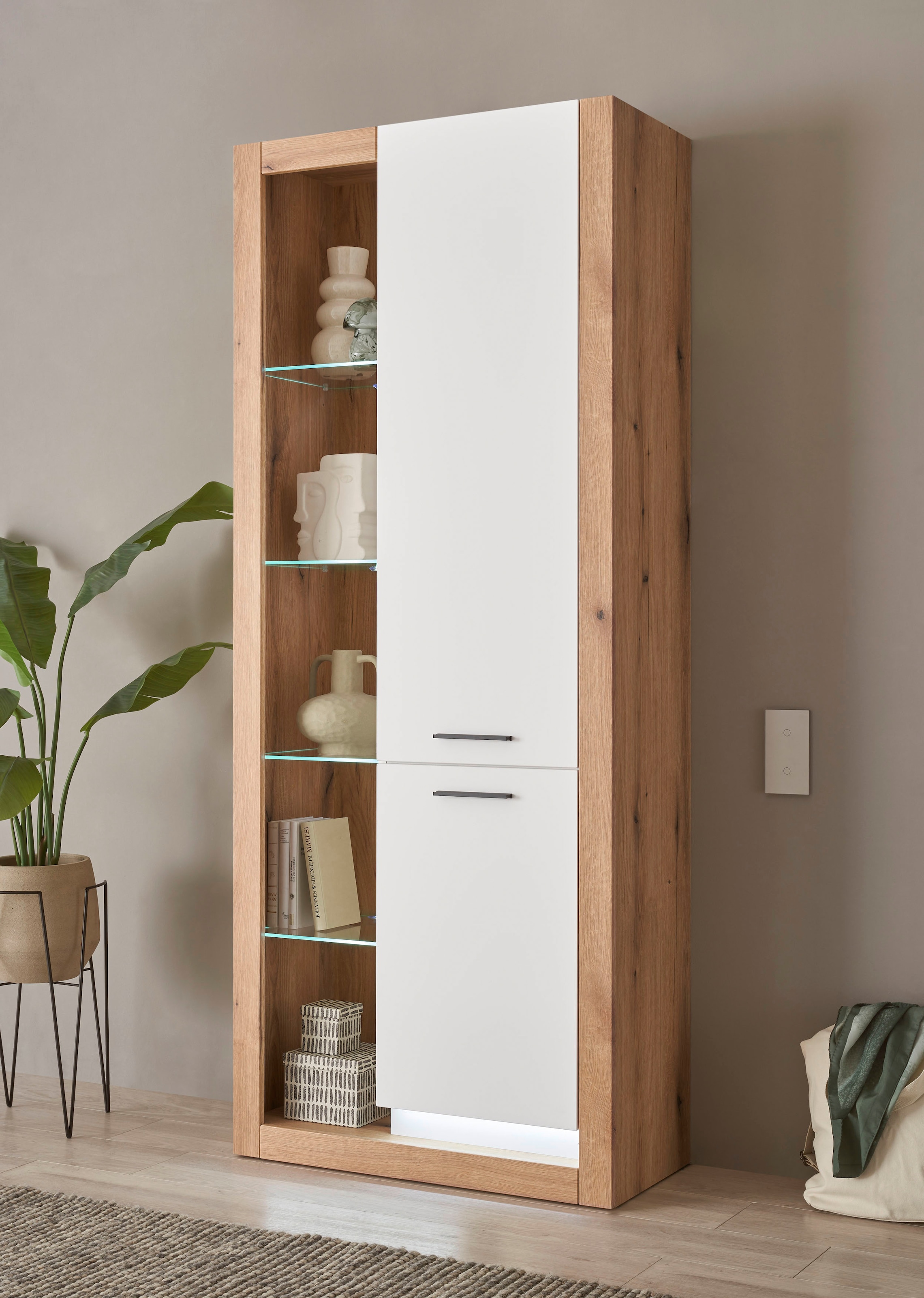 INOSIGN Wohnwand »Brixen, moderne Anbauwand, Wohnzimmer-Set, Eiche Evoke Dekor mit Weiss«, (Set, 4 St.), enthält Stauraumelemente, Lowboard und Wandboard