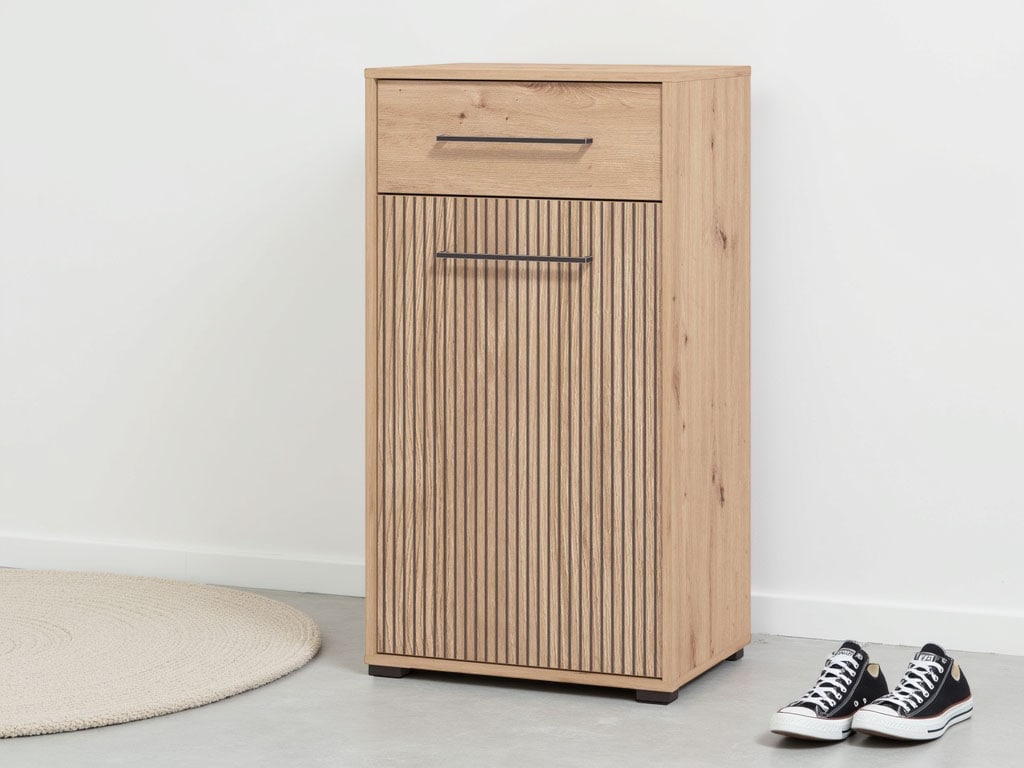 Image of INOSIGN Schuhschrank "Landes, Schuhkommode, Schuhregal, mit einer Schublade, Höhe 102 cm" Artisan Eiche, Fron mit schwarzen Streifen, mit 1 Tür, 1 Schubkasten