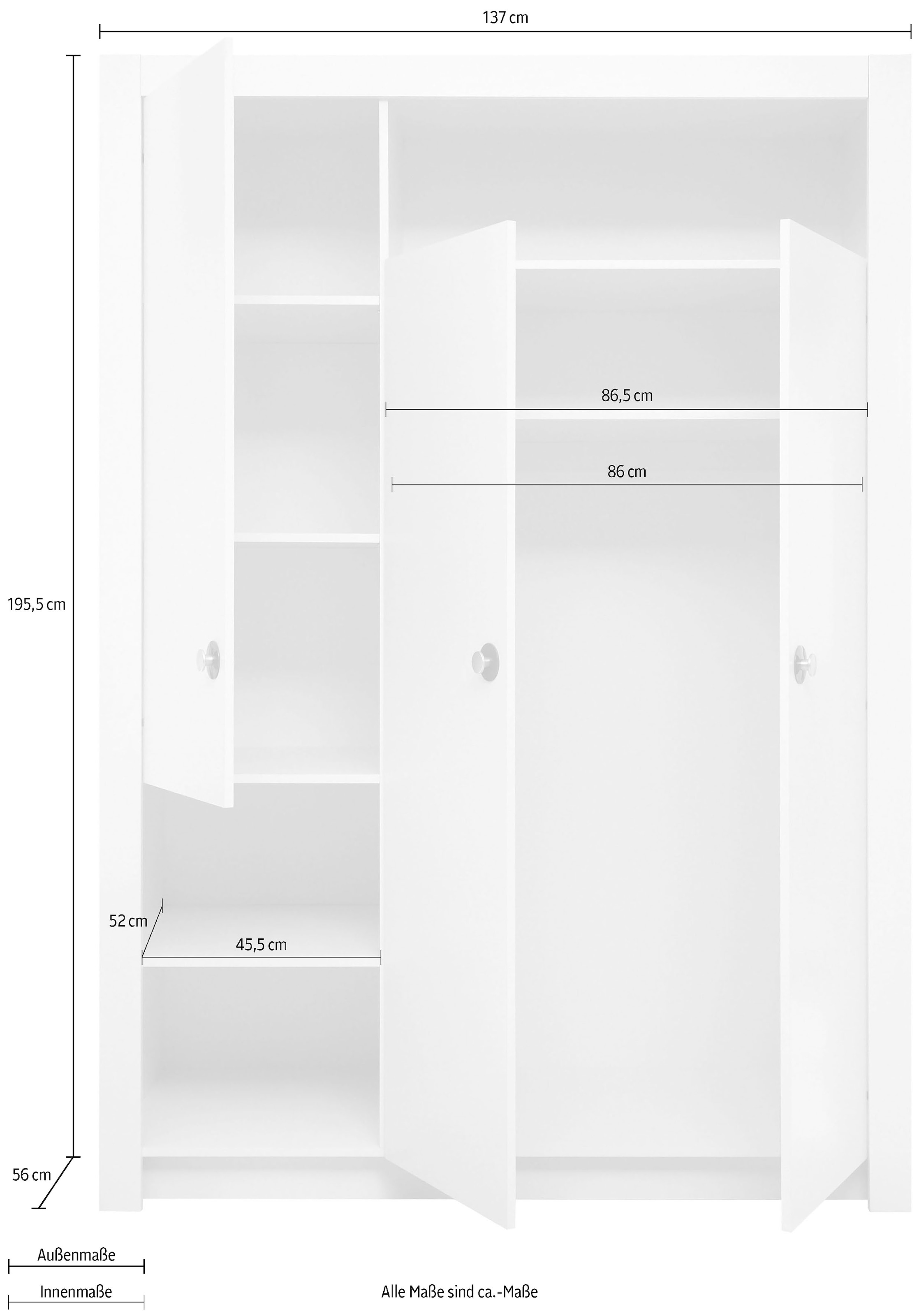 Begabino Armoire à portes battantes »Paula Kinderzimmerschrank Kleiderschrank« armoire blanche 3 portes, avec étagères ouvertes