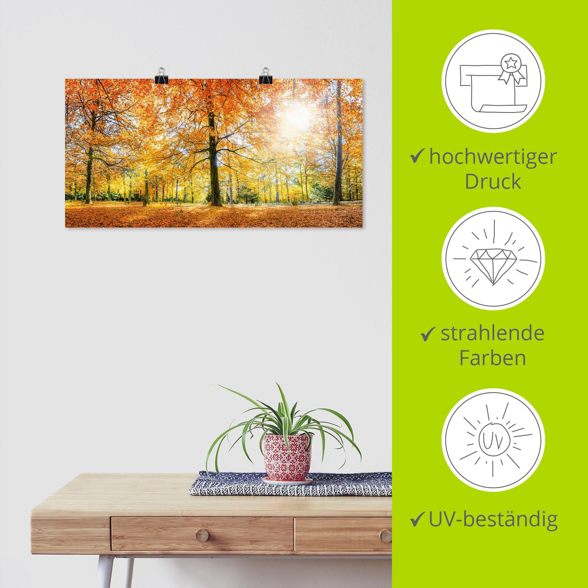 Artland Poster »Herbstwald Panorama«, Wald, (1 St.), als Alubild, Leinwandbild, Wandaufkleber oder Poster in versch. Grössen