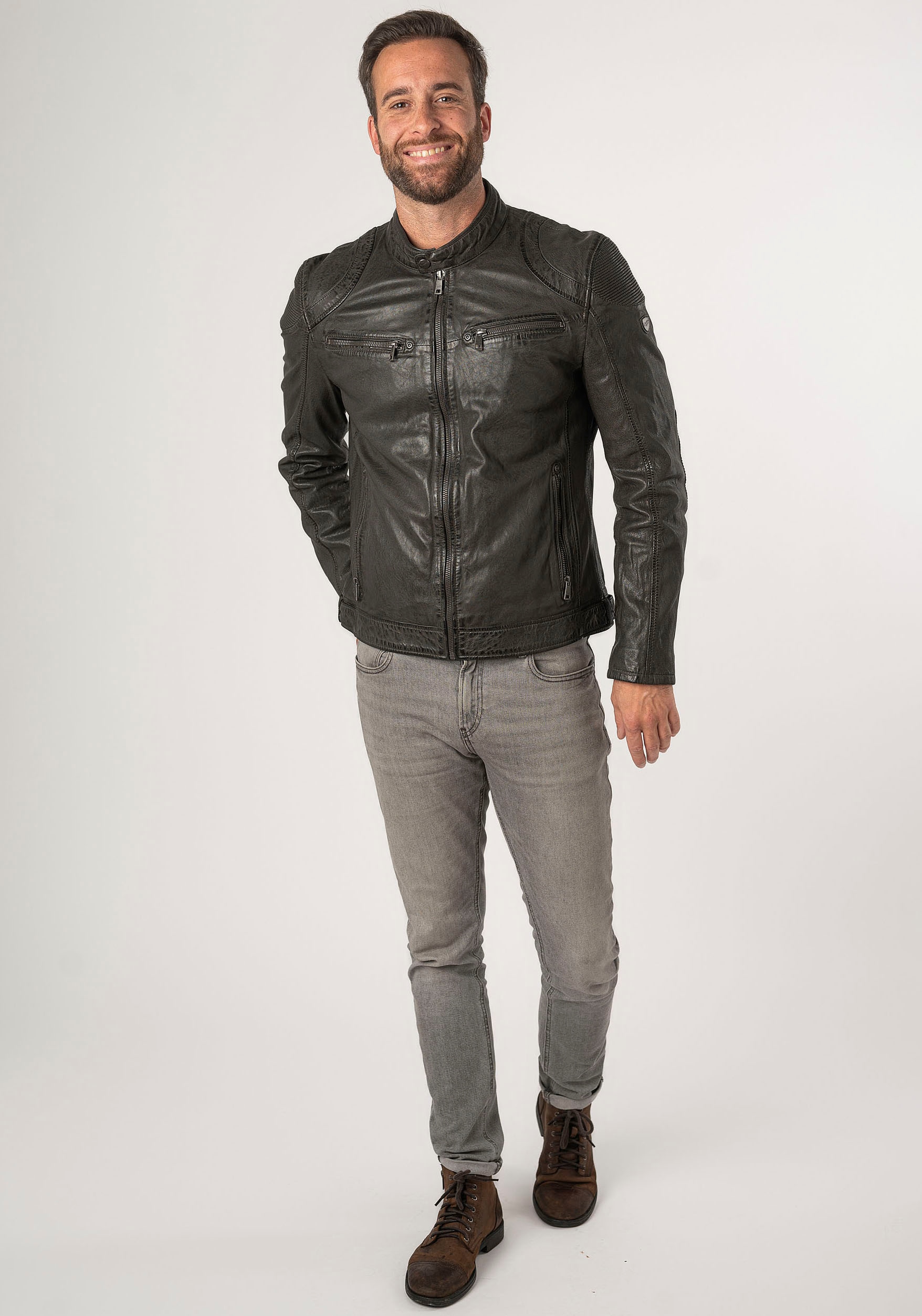 Mauritius Lederjacke »MMCollins«, mti Reissverschluss, Stehkragen, Ziersteppung