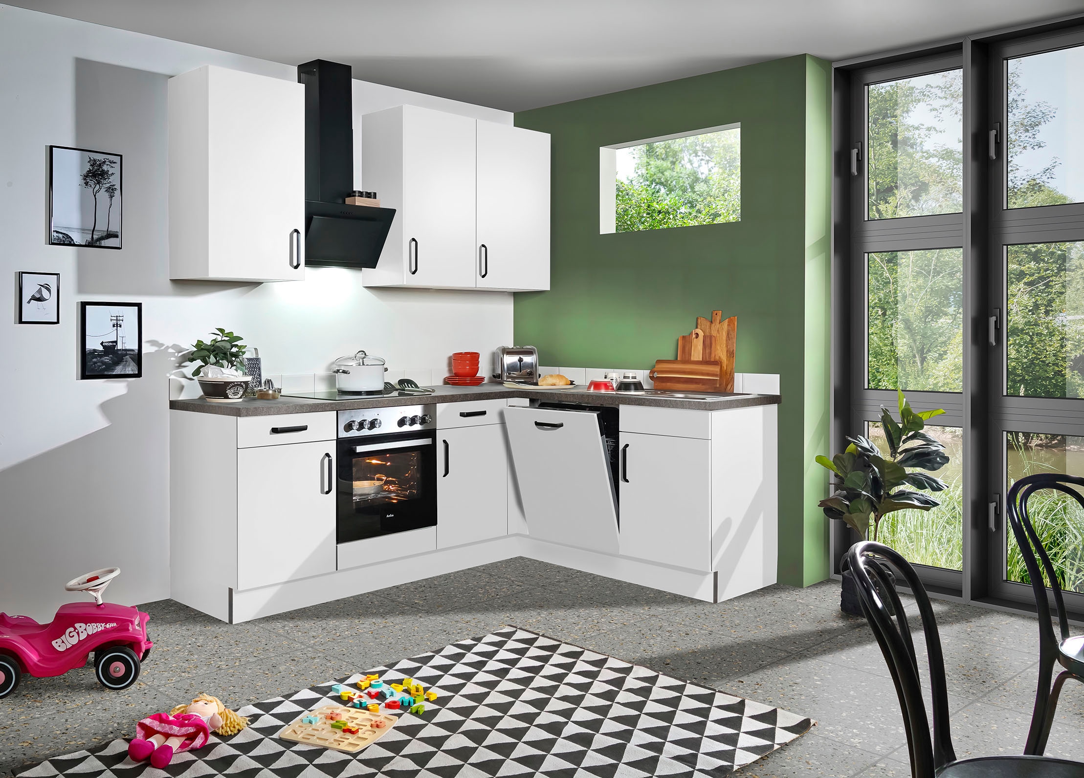 wiho Küchen Winkelküche »"Simi", mit verstellbaren Füssen, wahlweise mit E-Geräten,« Soft-Close-Funktion in Schubkästen & Auszügen,  Stellbreite 225/175 cm