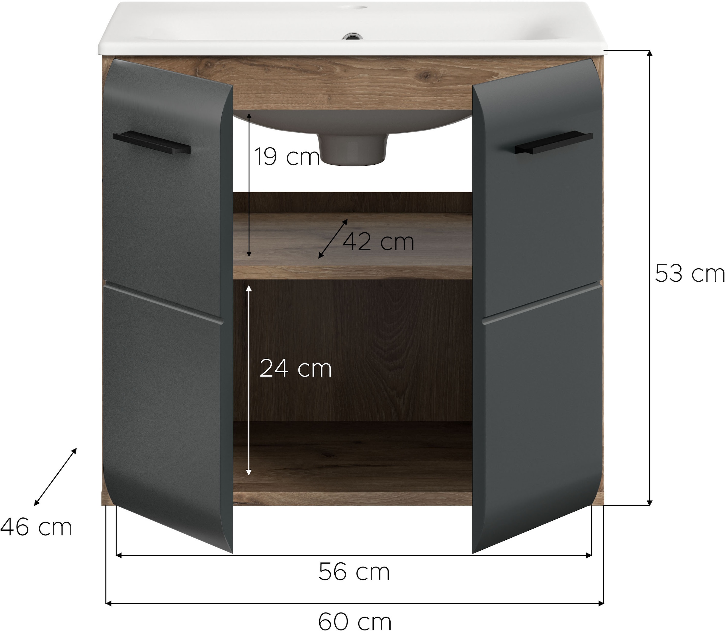welltime Armoire sous lavabo 2 cuis tlg. Florenz, Waschtisch inkl. Waschbecken, Nox Oak NB, 60 cm breit