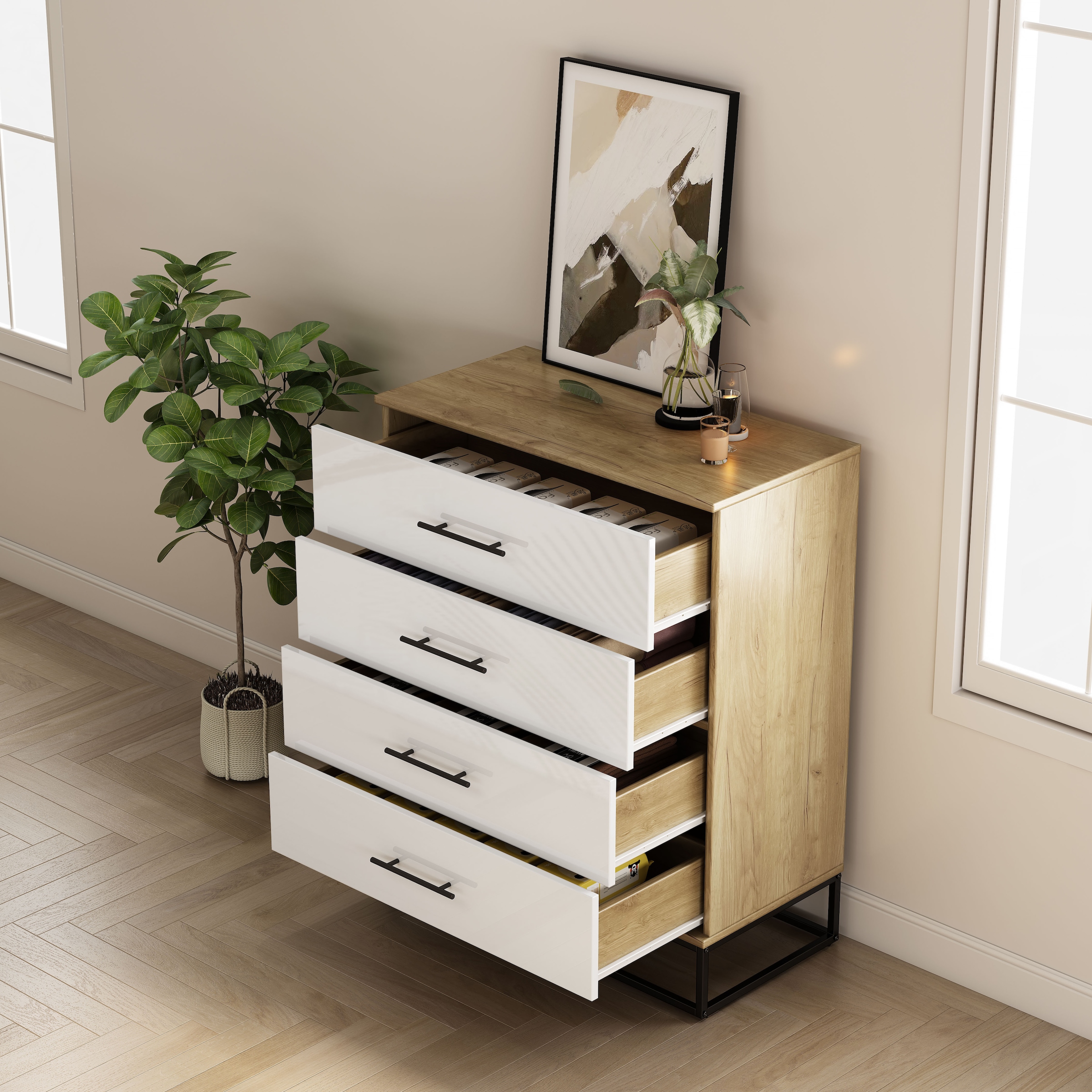 GOODproduct Schubkastenkommode »Lucca Sideboard mit schwarzen Griffen 4 Schubladen Kufengestell« Hochwertige Hochglanzfronten in weiss, 