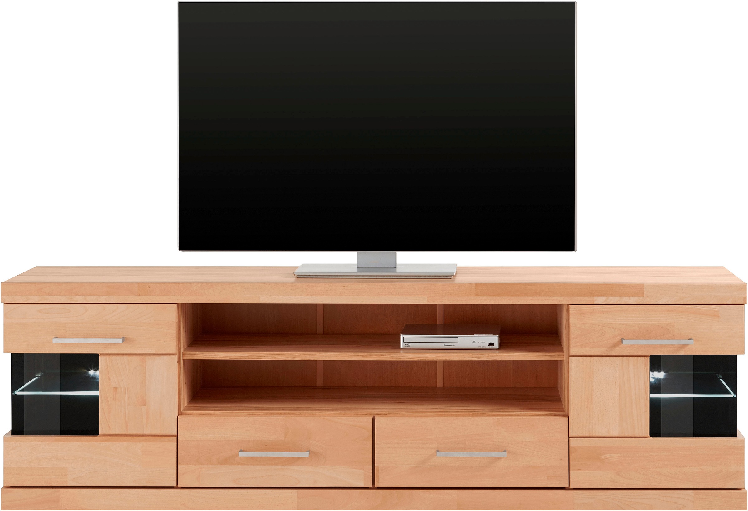OTTO home Lowboard "Ribe,180cm breit, Fronten Massivholz,6 Fächer,Kabeldurchführung" Korpus Holzwerkstoff,Glaseinsatz aus gehärtetem Glas,Böden versetzbar